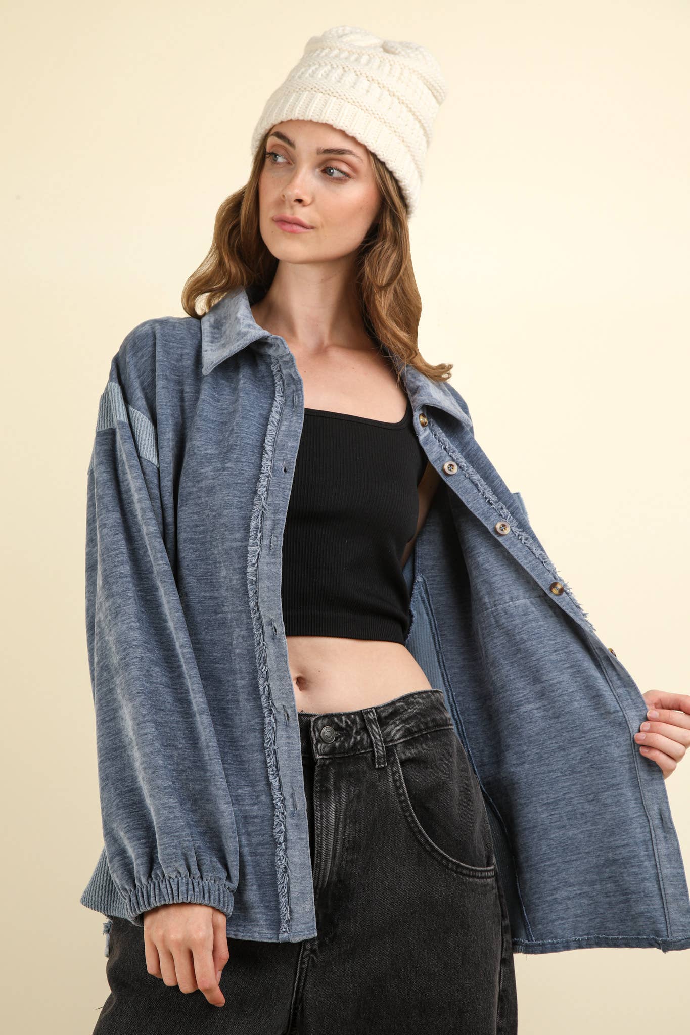 Mixed Media Button Down Cozy Shacket Jacket