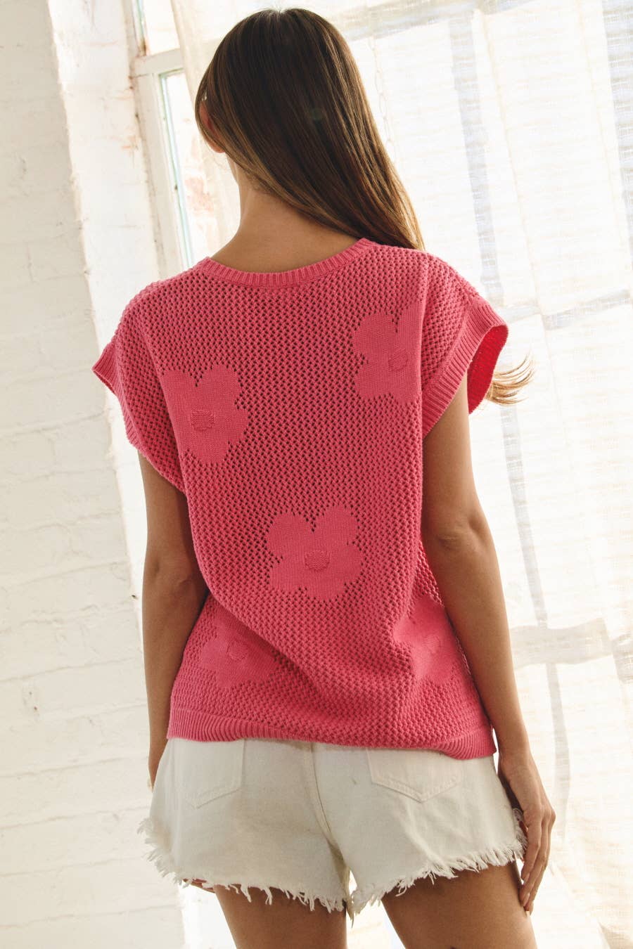 Flamingo Pink Sleeveless Textured Knit Vest