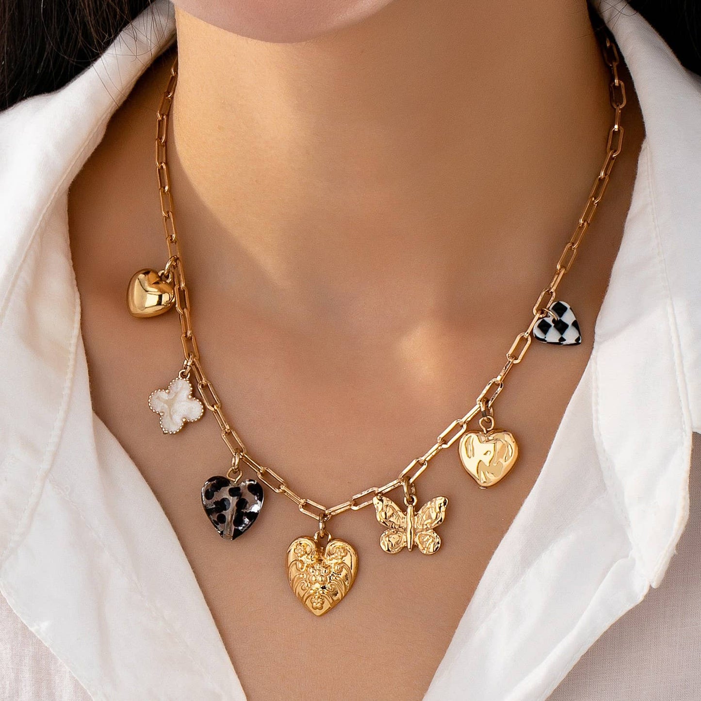 Rhinestone and Checkered Heart Charm Necklace