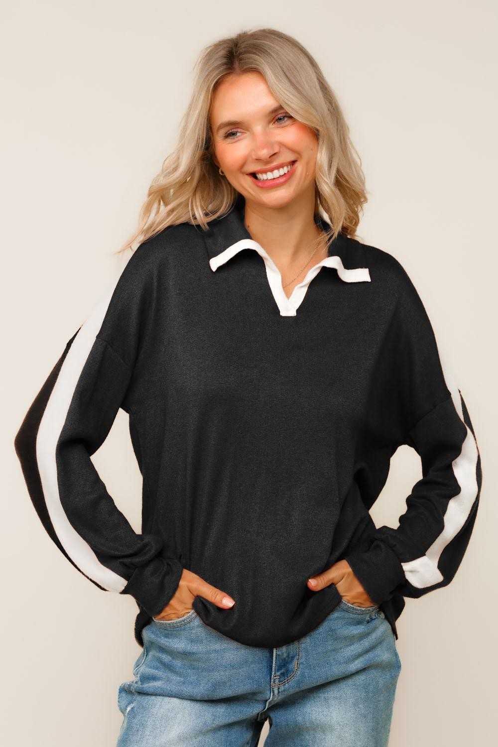 Black Loose Fit Hacci Knit Top with Notched Collar