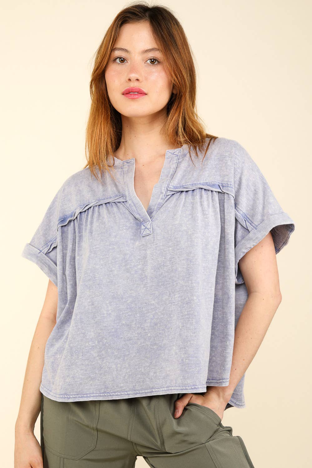 Split Neck Washed Knit Top