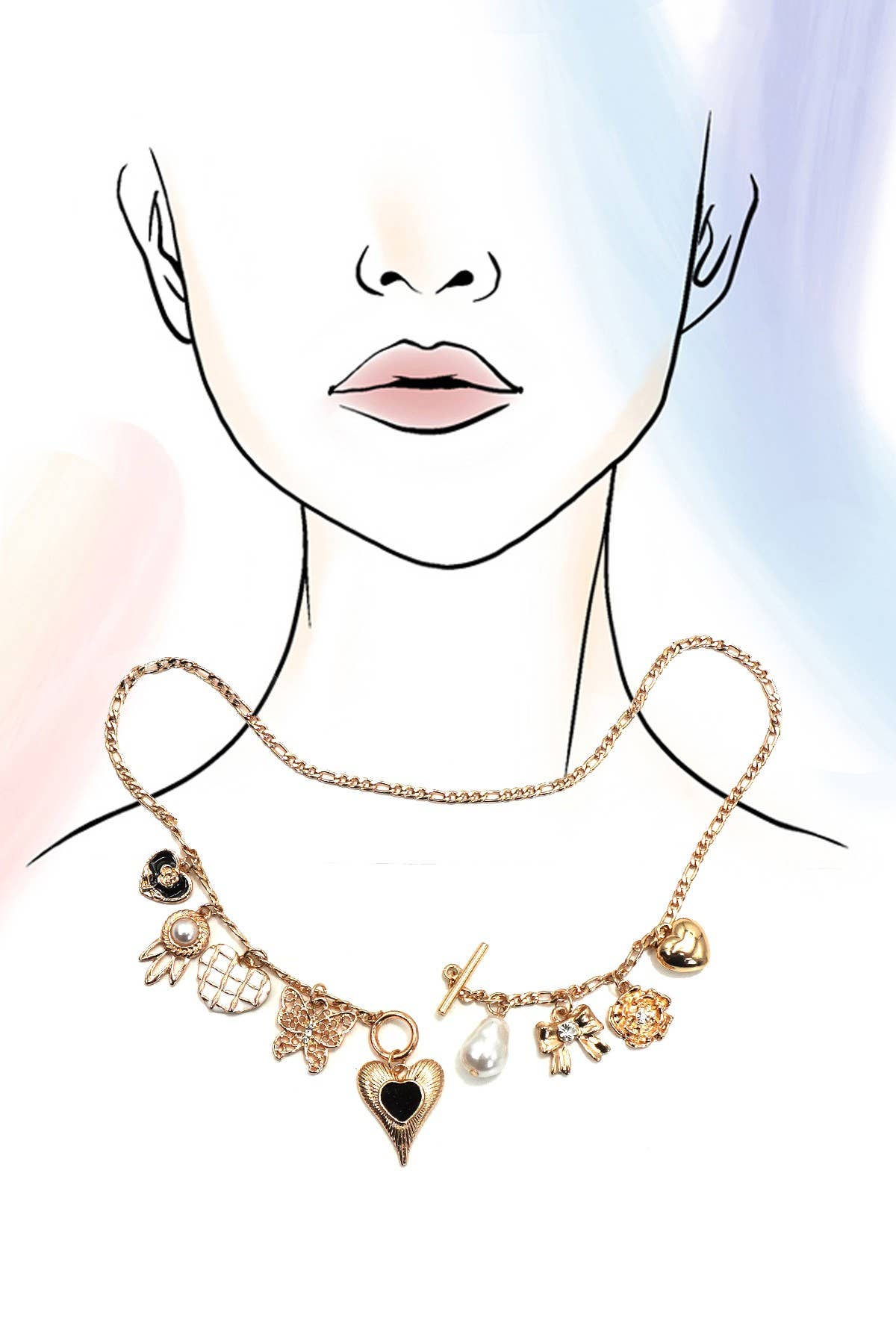 Heart, Bow, Pearl Charm Necklace