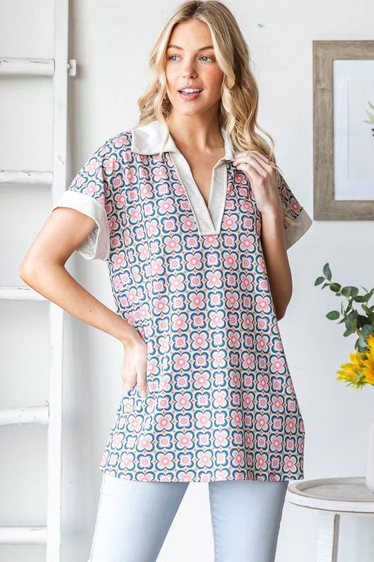 Mandrain Collar Geometry Print Top