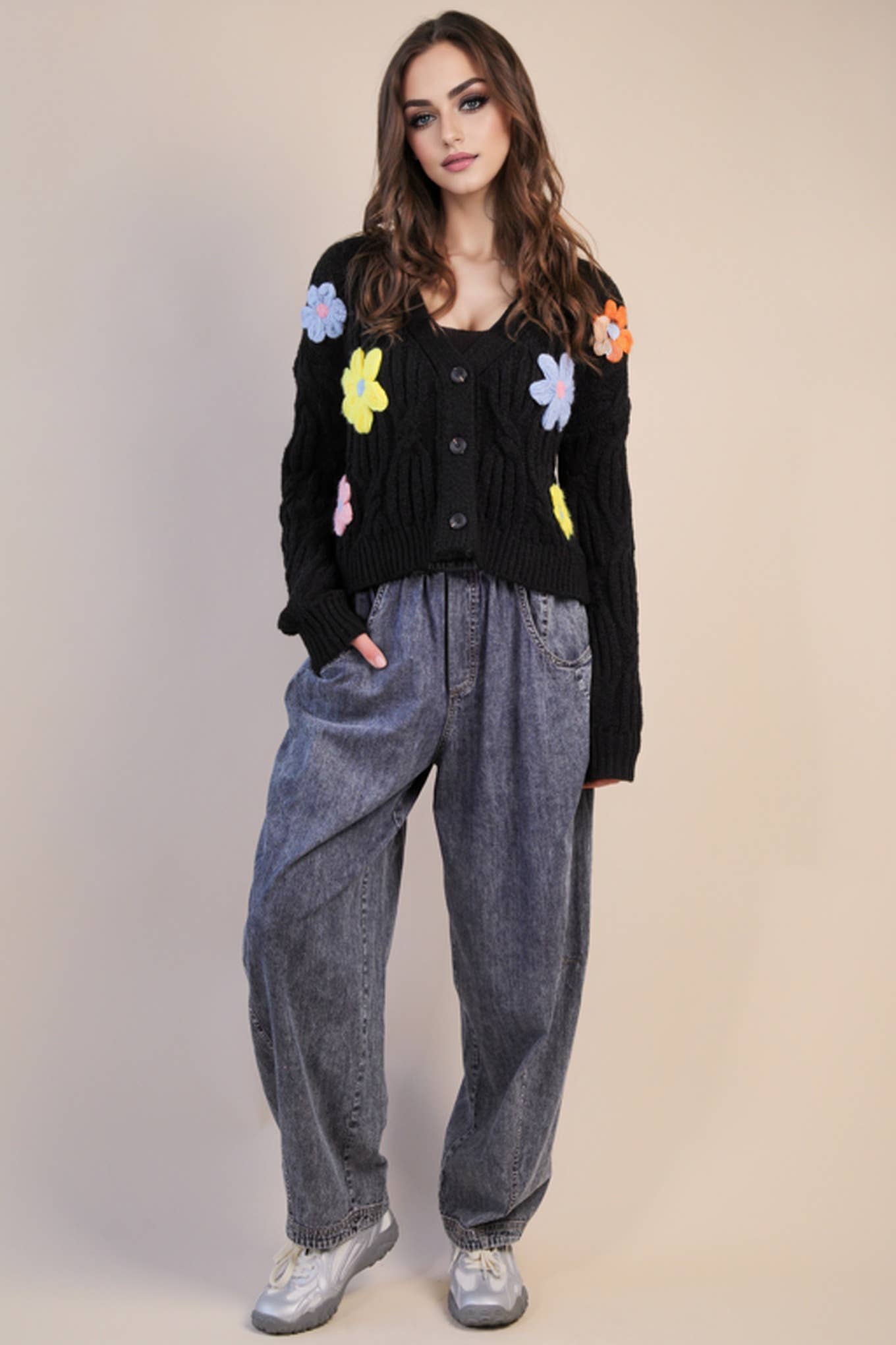 Flower Applique Knit Sweater Cardigan