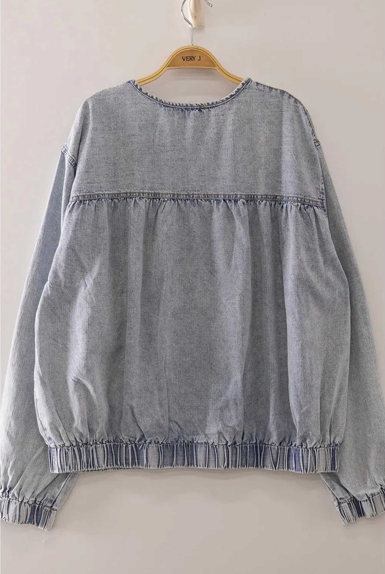 Ruched Washed Denim Bomber Jacket