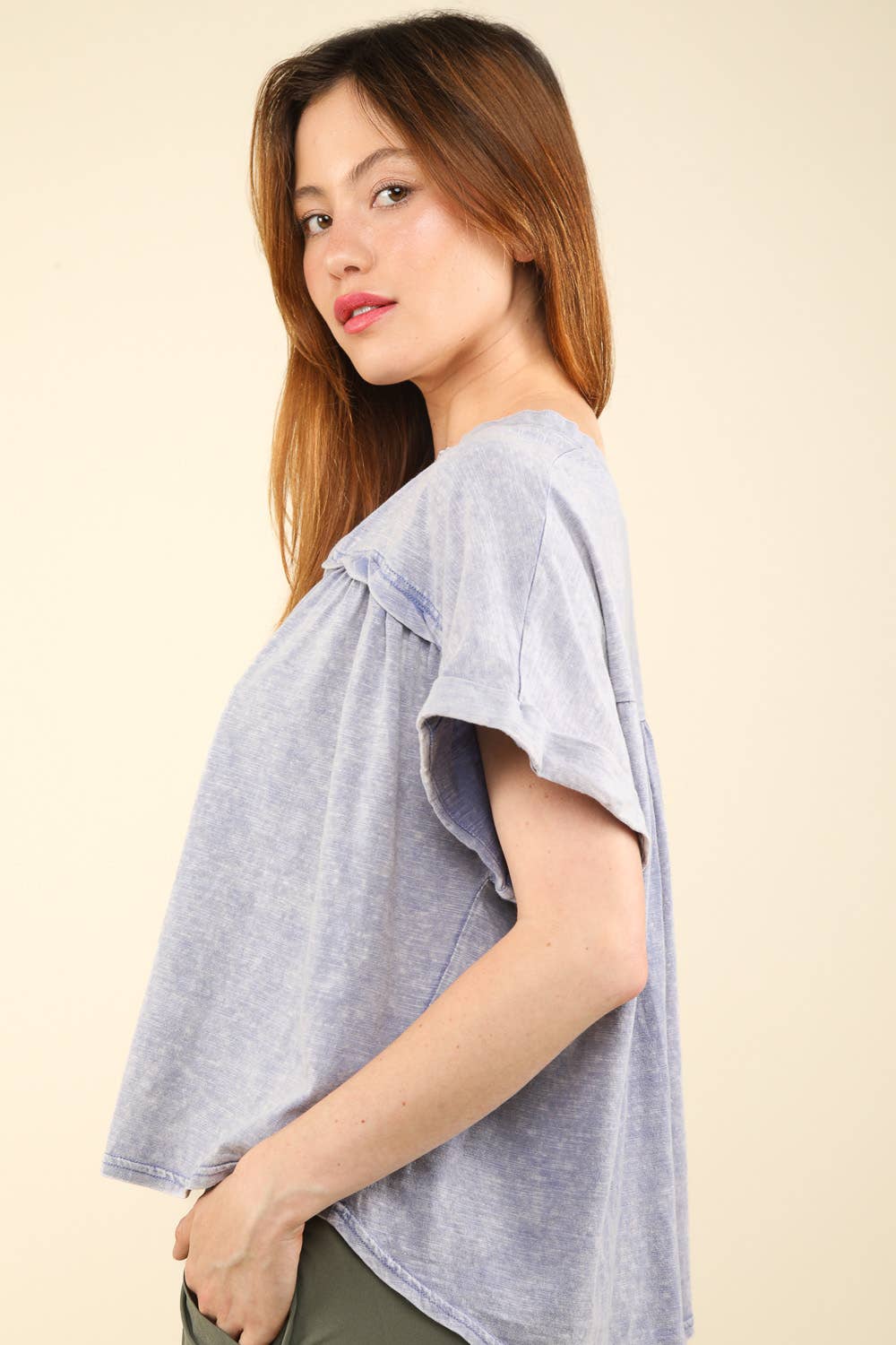 Split Neck Washed Knit Top