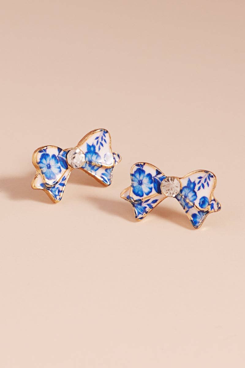 Flower Print Enamel Bow Earrings