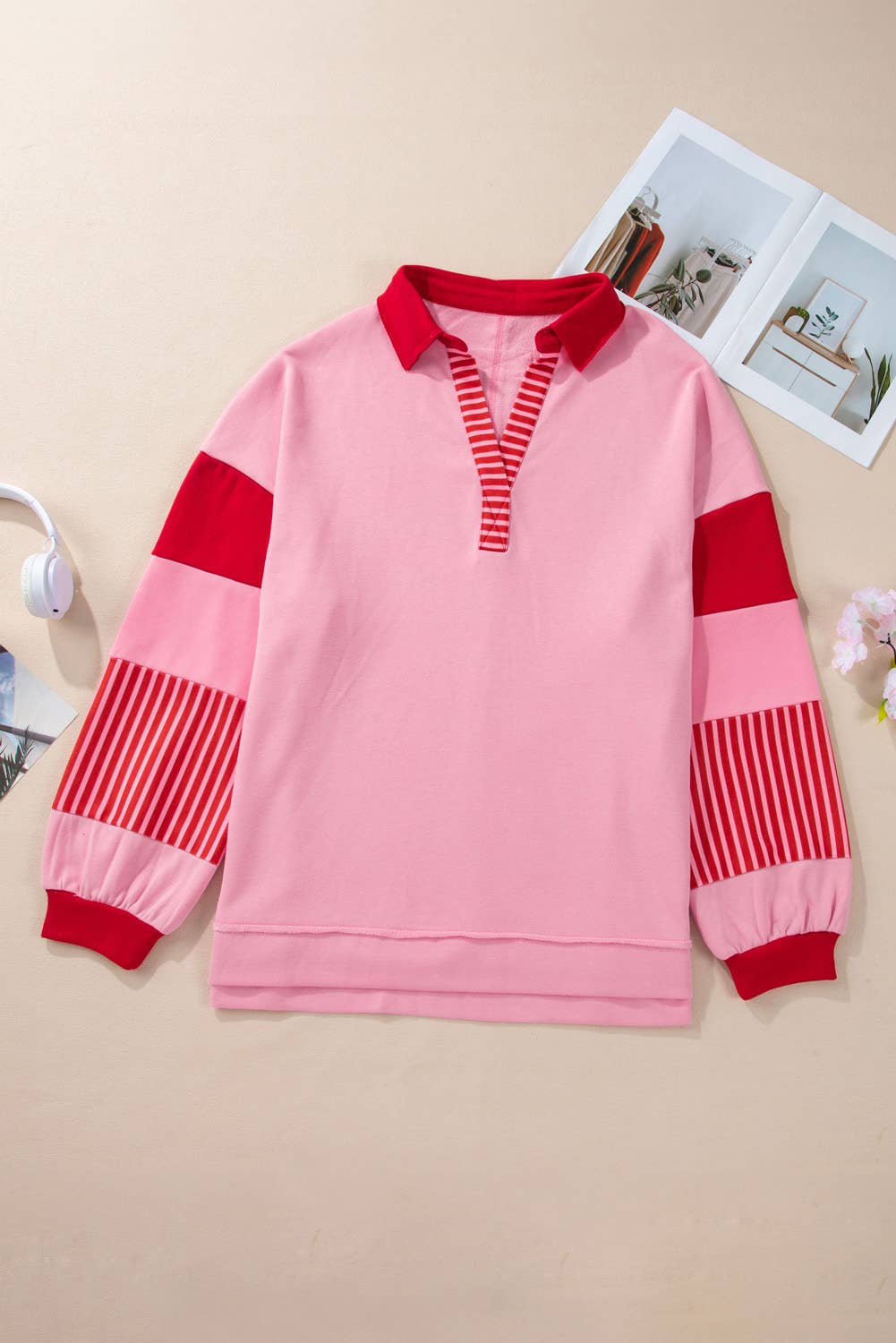 Striped Patchwork V Neck Sweatshirt
