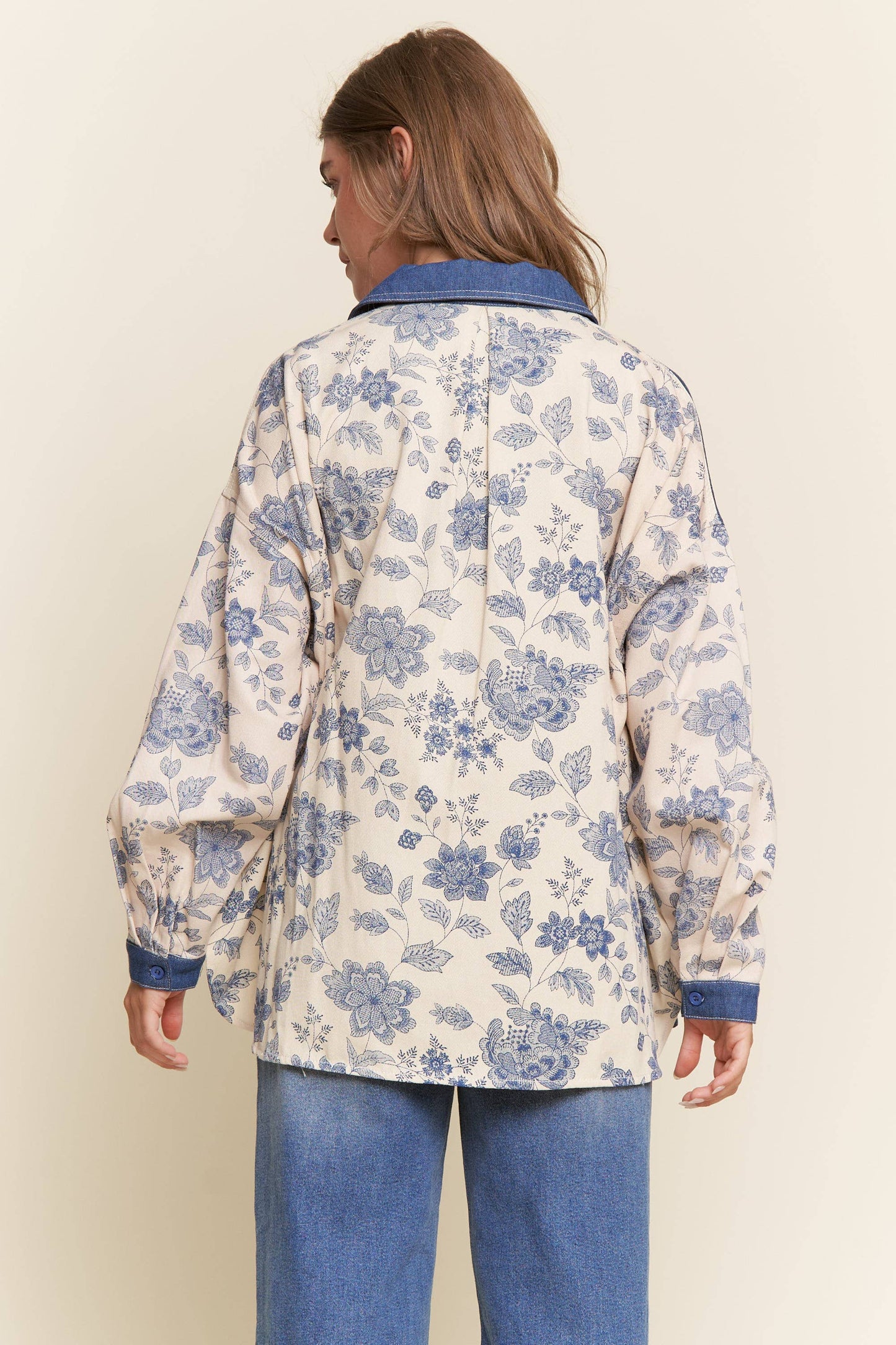 Denim Floral Print Color Block Button Up Top