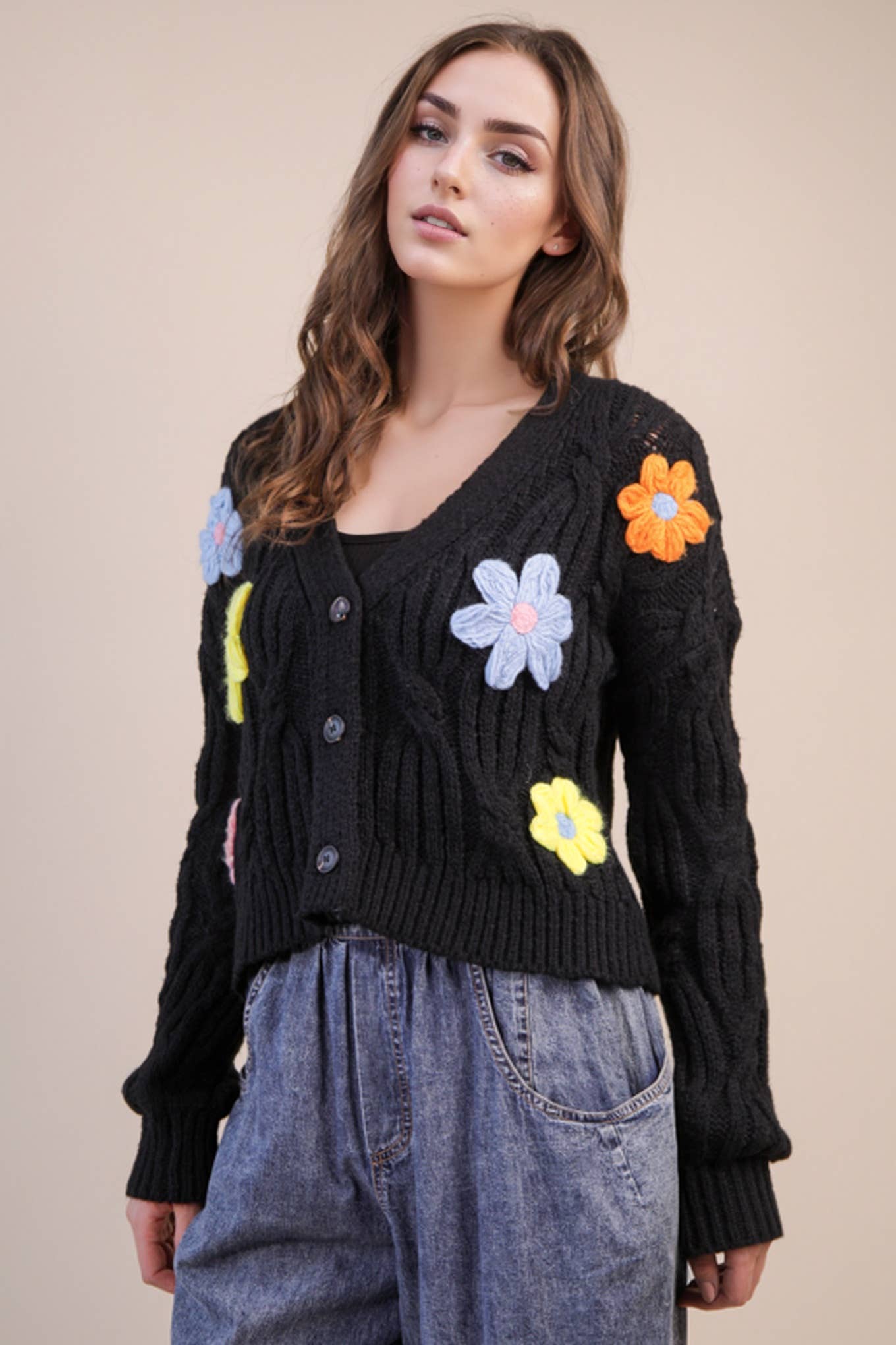 Flower Applique Knit Sweater Cardigan