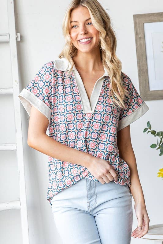 Mandrain Collar Geometry Print Top
