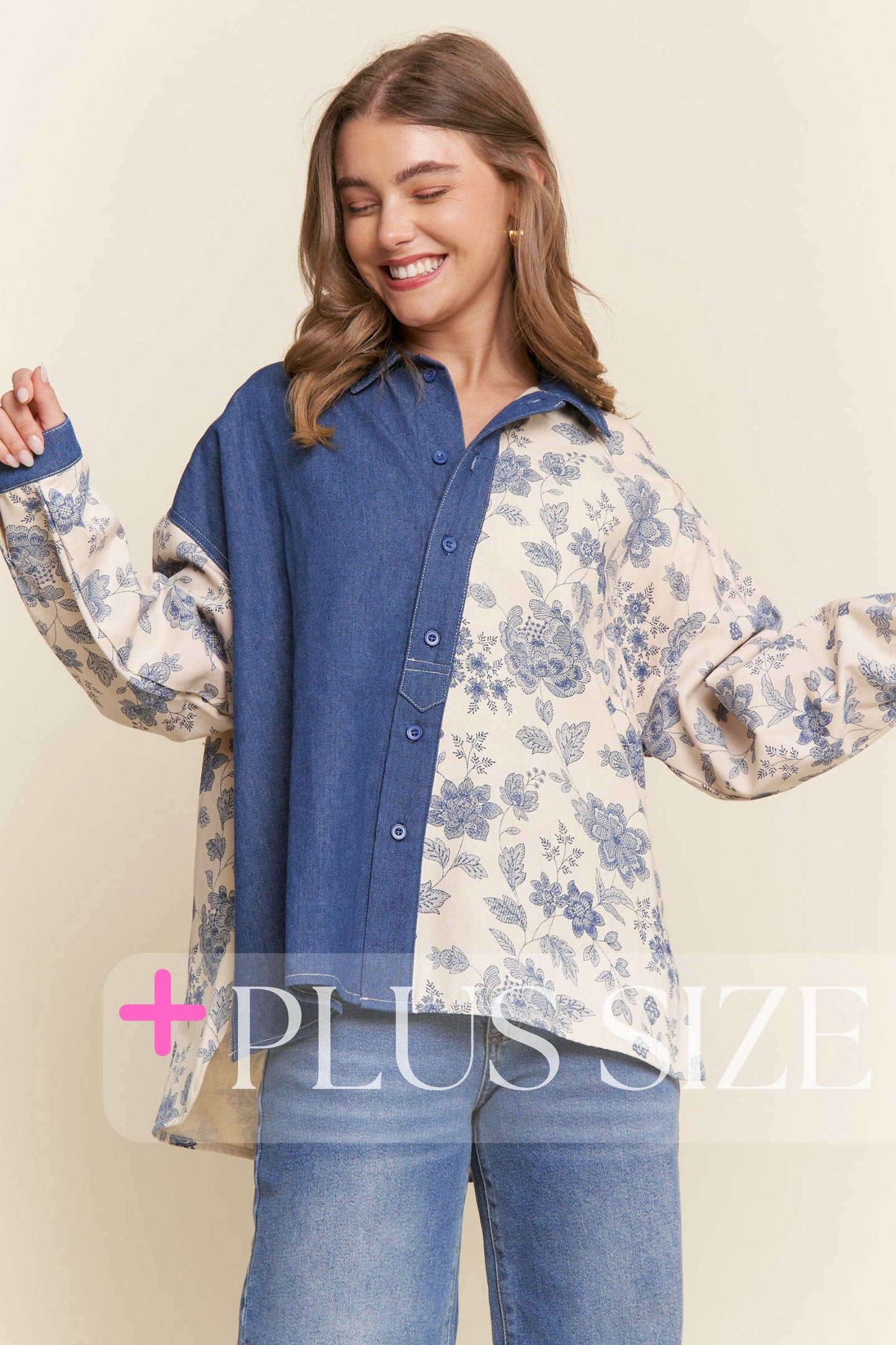 Denim Floral Print Color Block Button Up Top