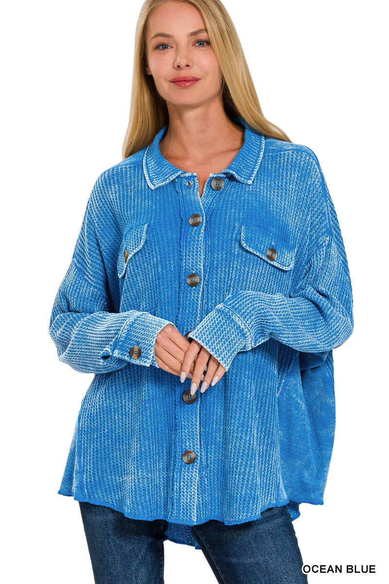 Acid wash oversized cotton waffle shacket