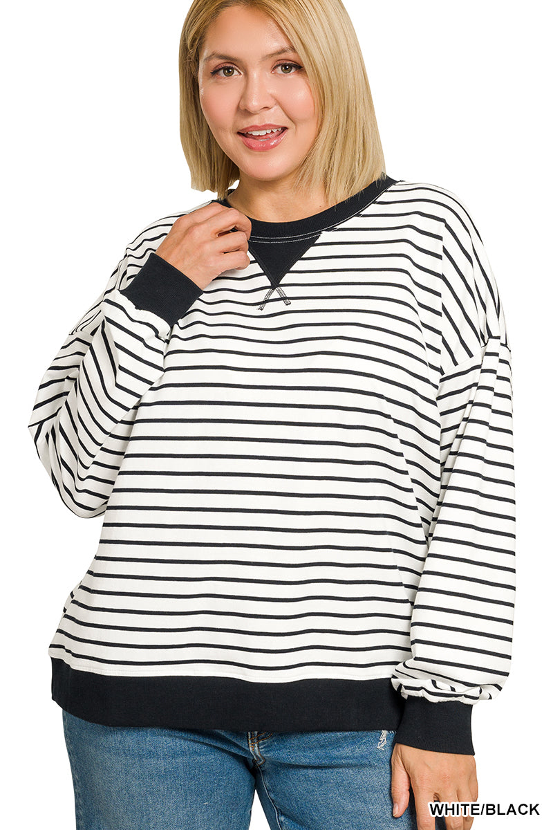 Zenana Black & White Striped Rib Banded Pullover - Plus Size