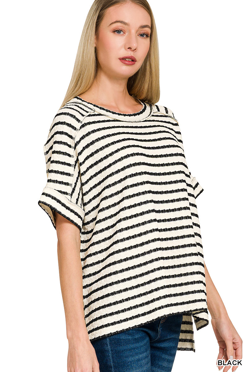 Zenana Striped Short Sleeve Hi-Low Tee in Ivory and Black