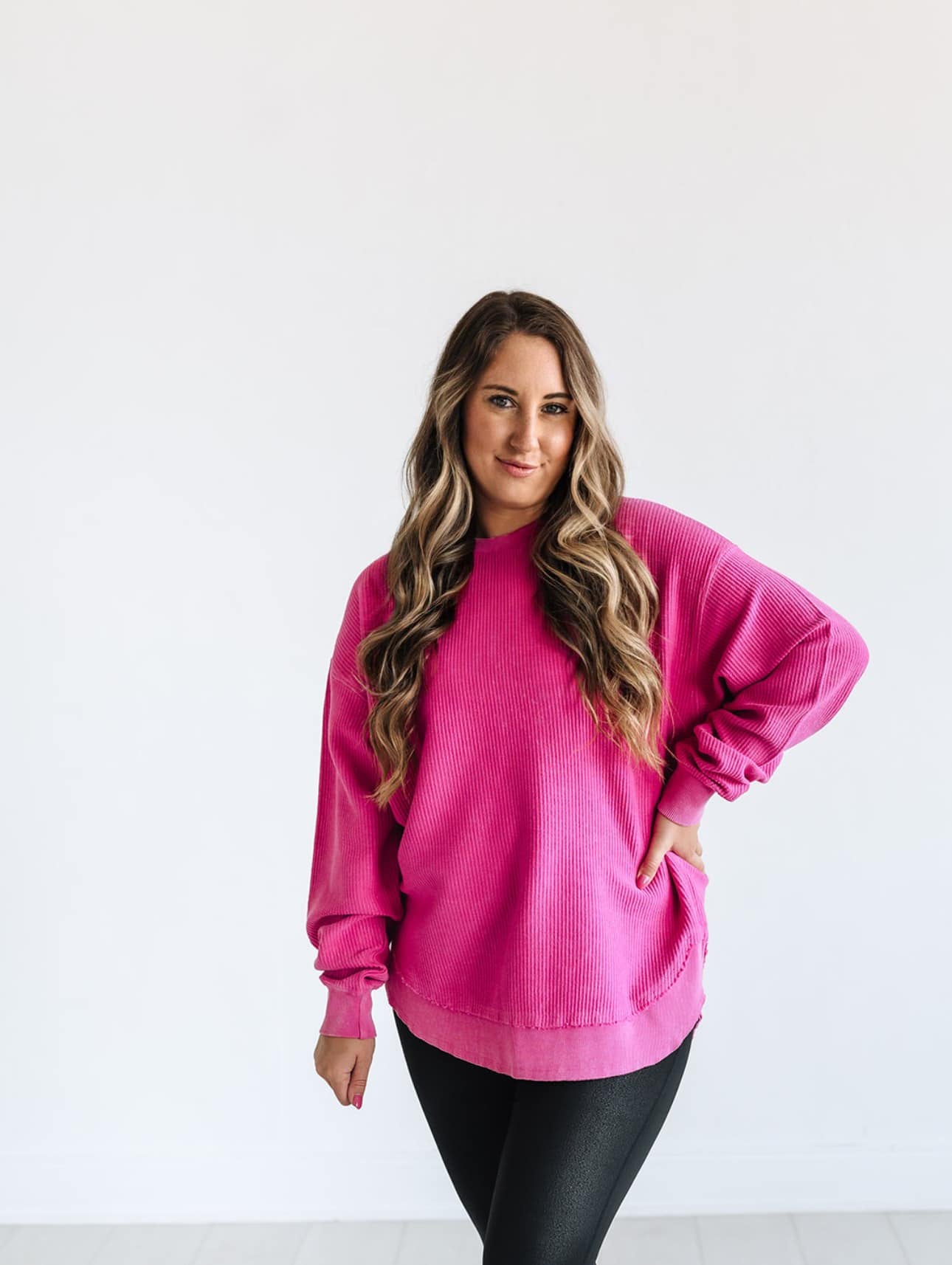 Rounded Bottom Cozy Corded Crew in Deep Pink