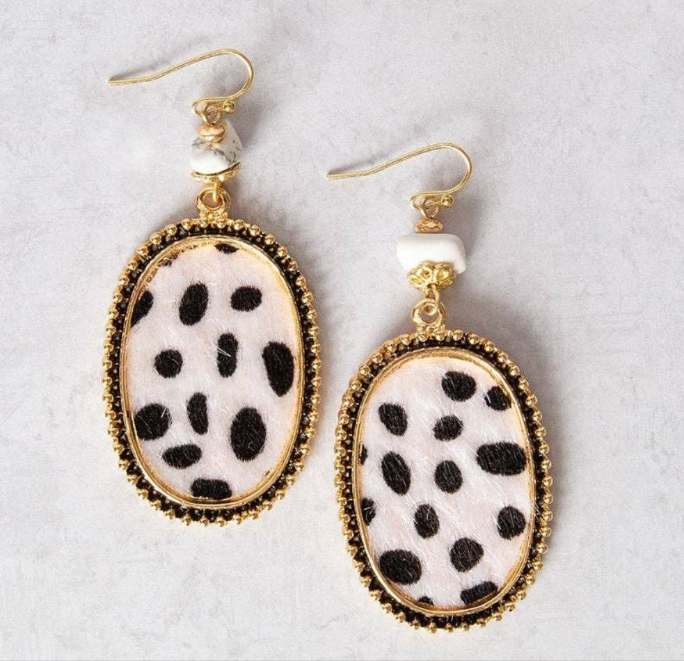 Furry with Stone Oval Earrings, Dalmatian