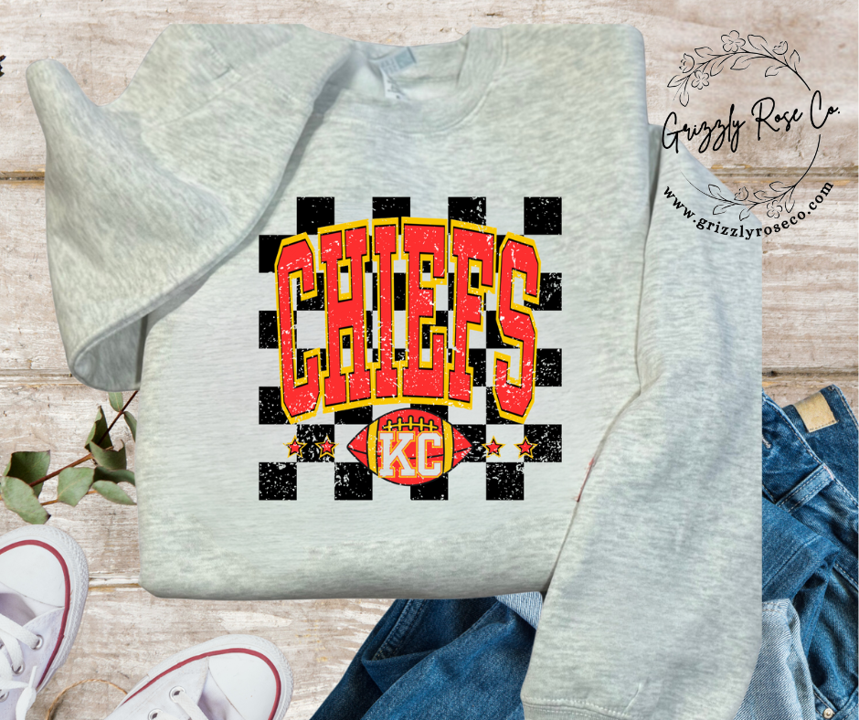 Kansas City Chiefs Vintage Checkered Ash Gray Graphic Tee or Crewneck Sweatshirt