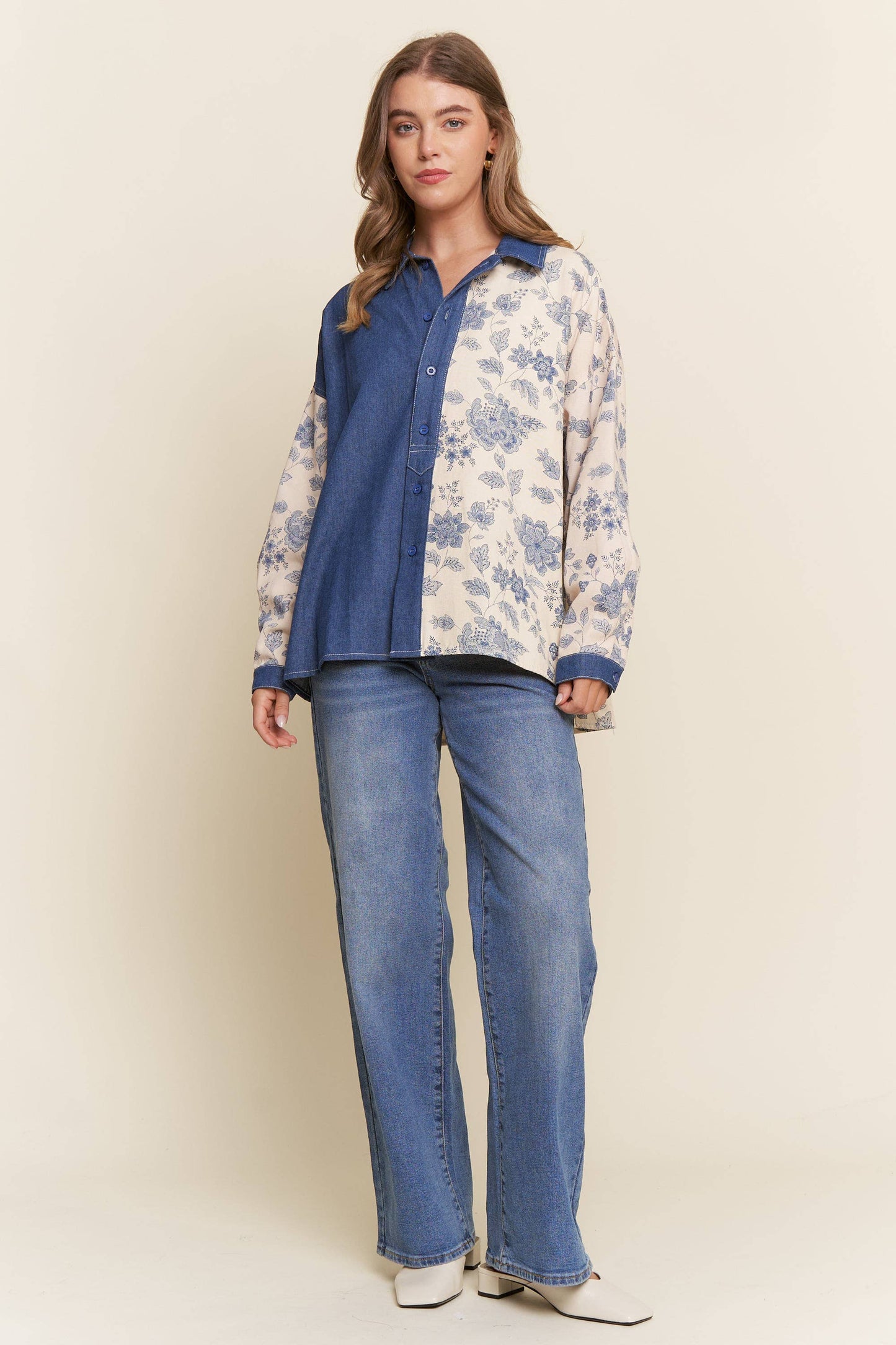 Denim Floral Print Color Block Button Up Top
