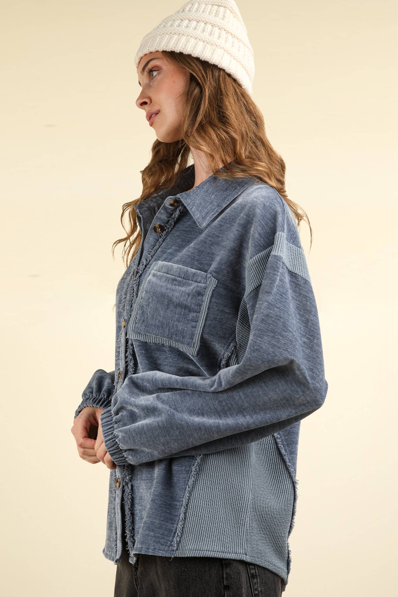 Mixed Media Button Down Cozy Shacket Jacket