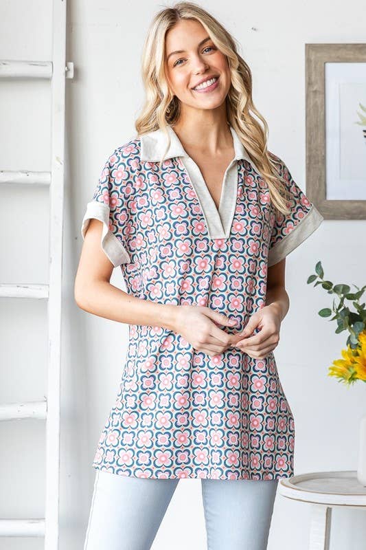 Mandrain Collar Geometry Print Top