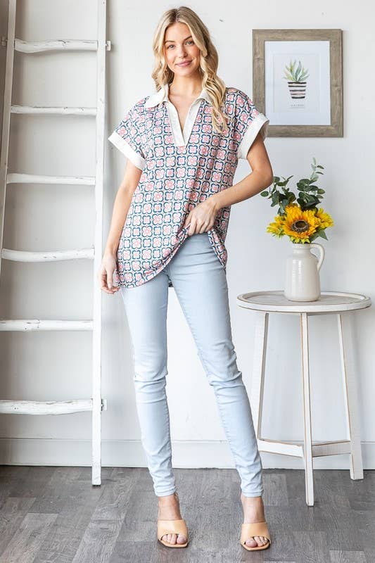 Mandrain Collar Geometry Print Top