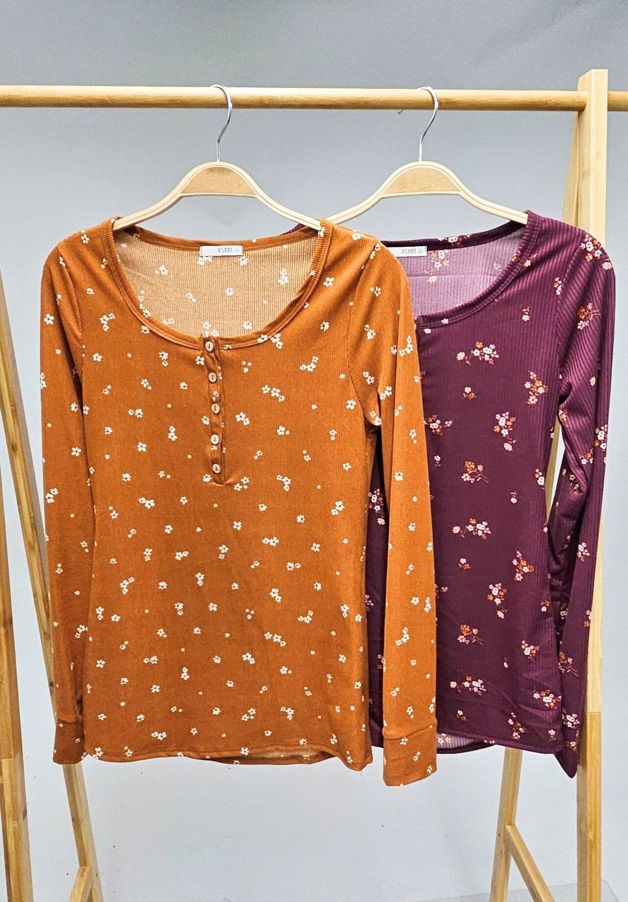 Rust Floral Ribbed Henley Top