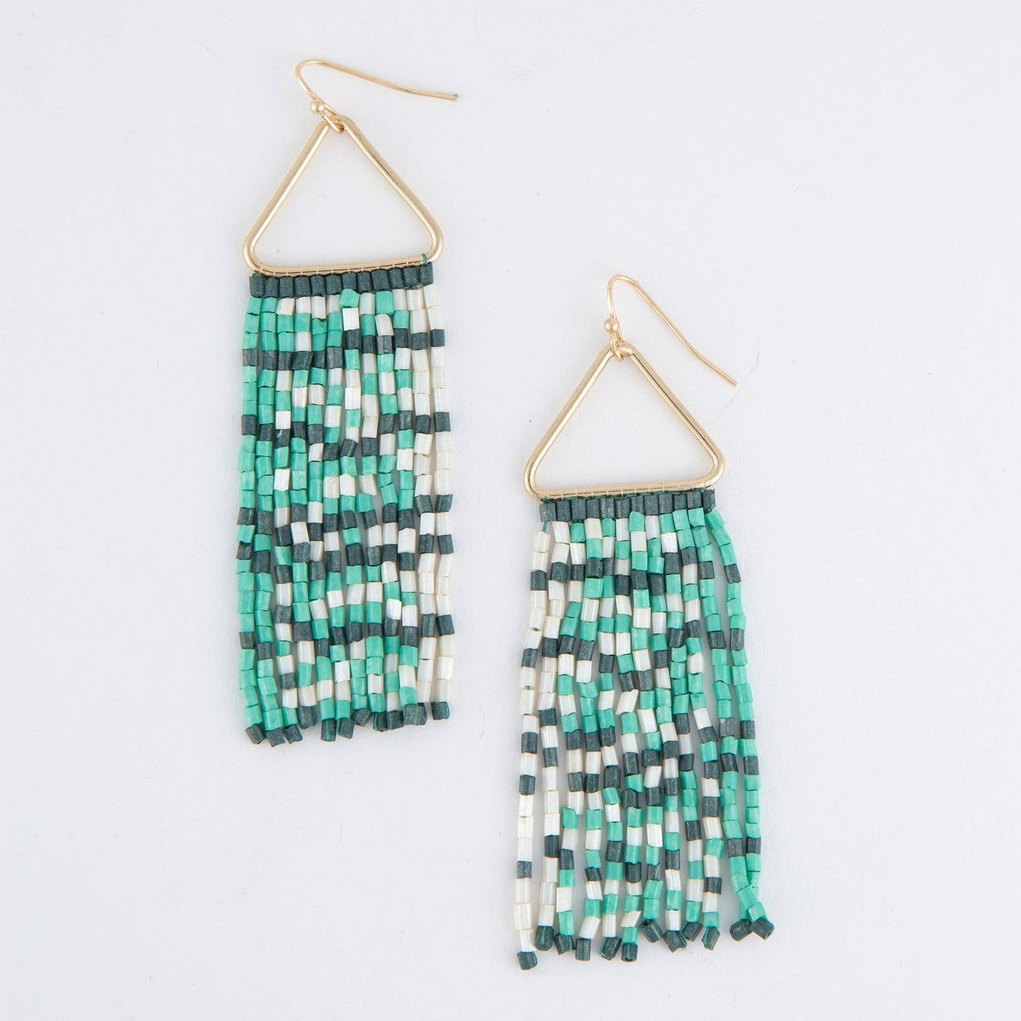 Aqua Beaded Rectangle Dangle Earrings