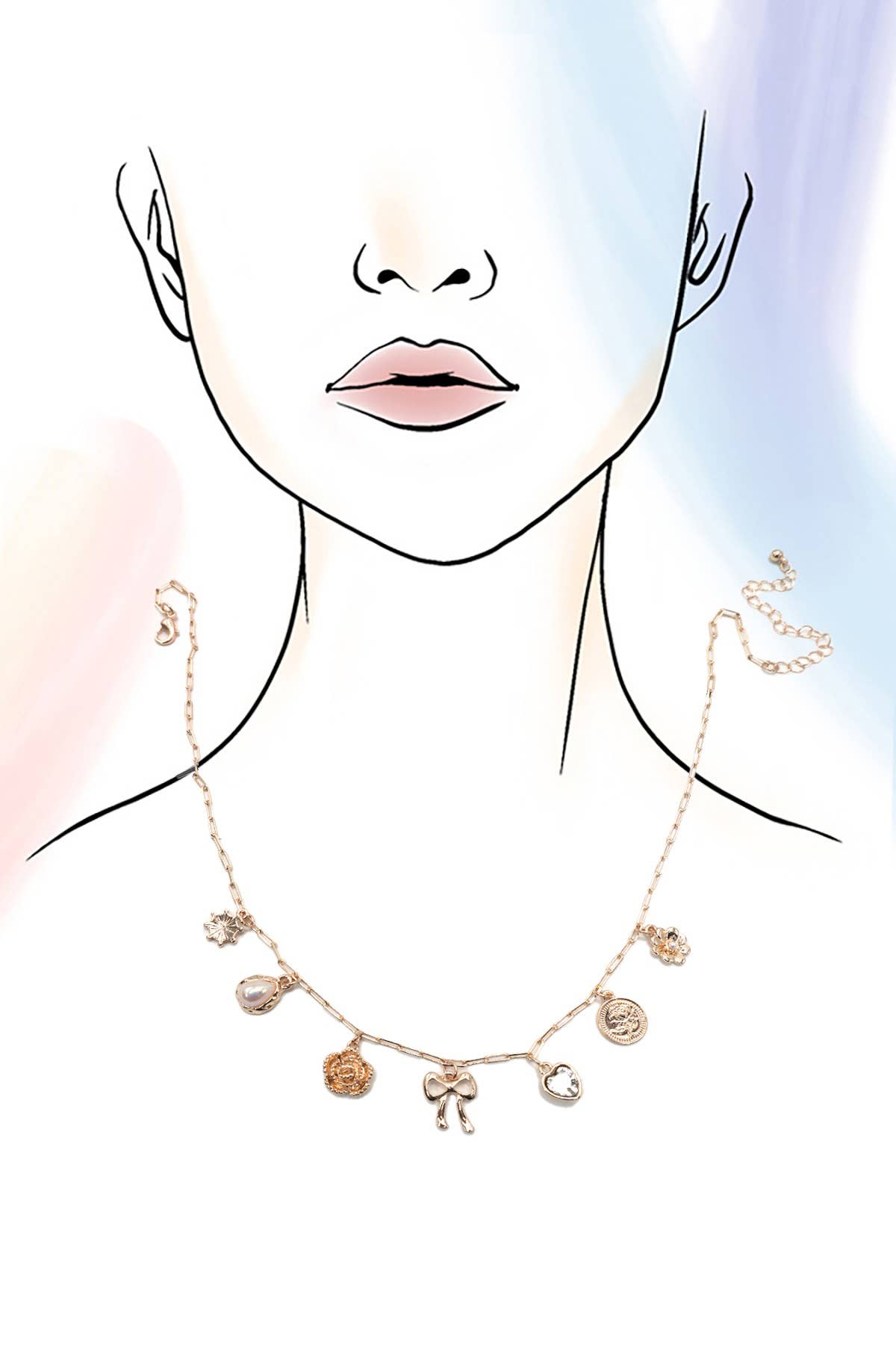 Bow Heart Flower Charm Necklace