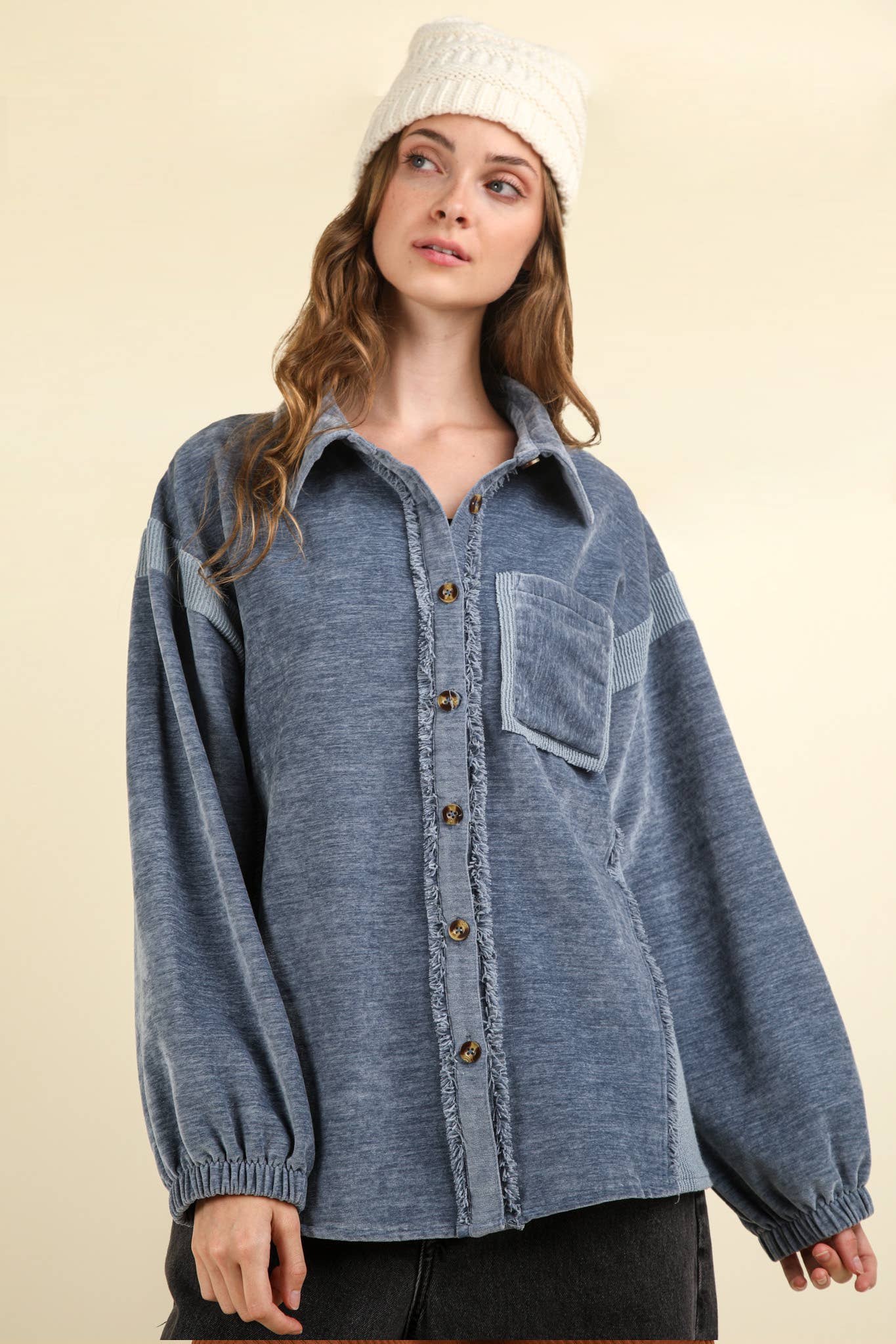 Mixed Media Button Down Cozy Shacket Jacket