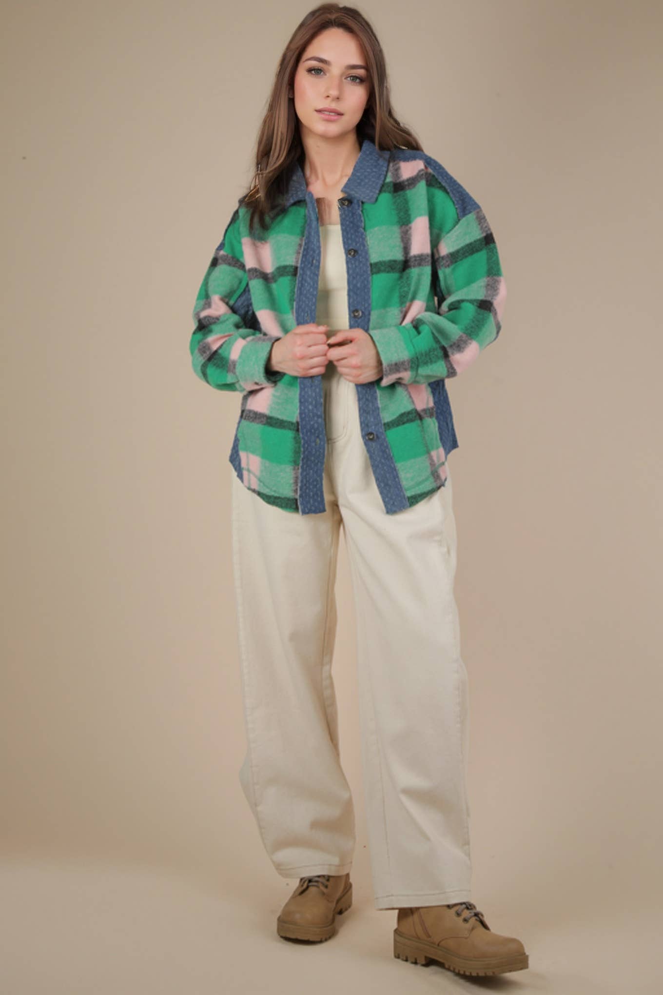 Textured Denim Contrast Plaid Shacket Jacket