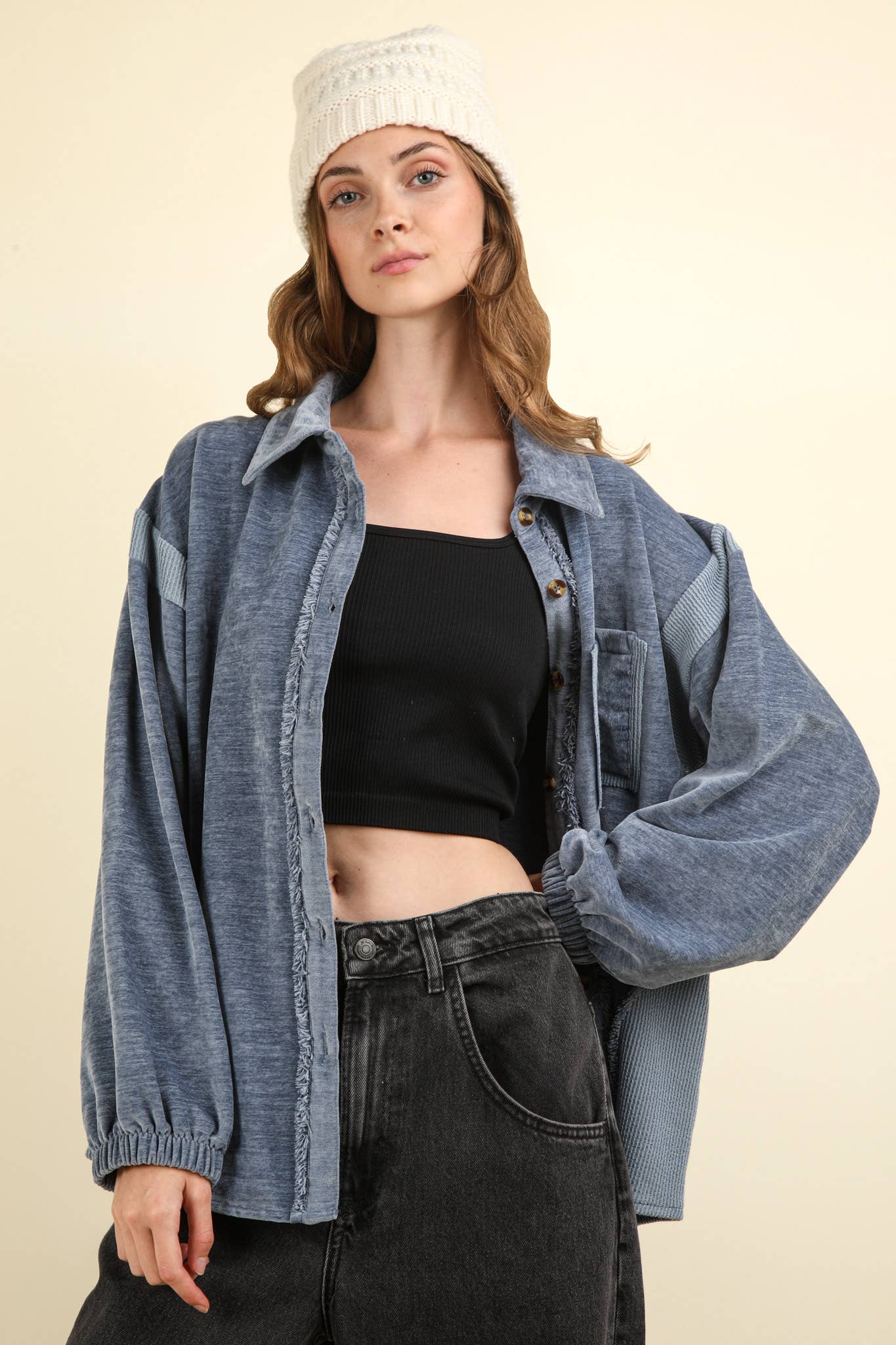 Mixed Media Button Down Cozy Shacket Jacket