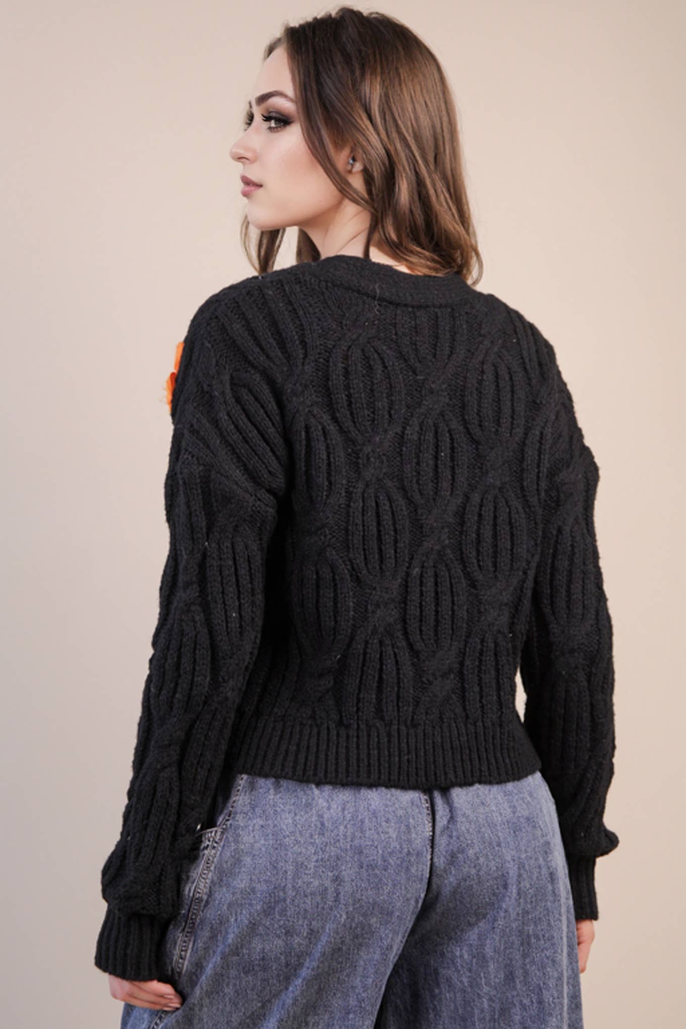 Flower Applique Knit Sweater Cardigan