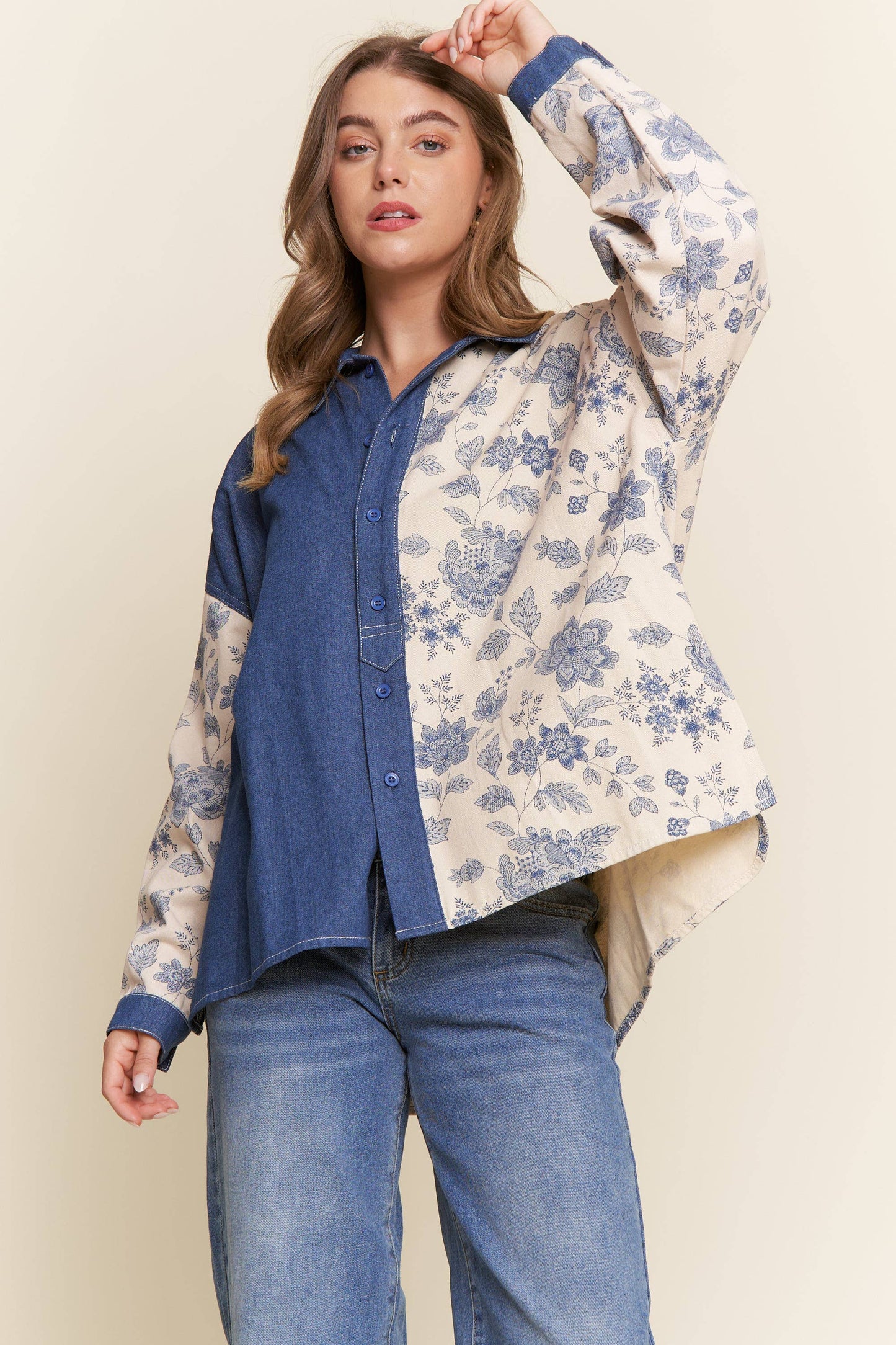 Denim Floral Print Color Block Button Up Top