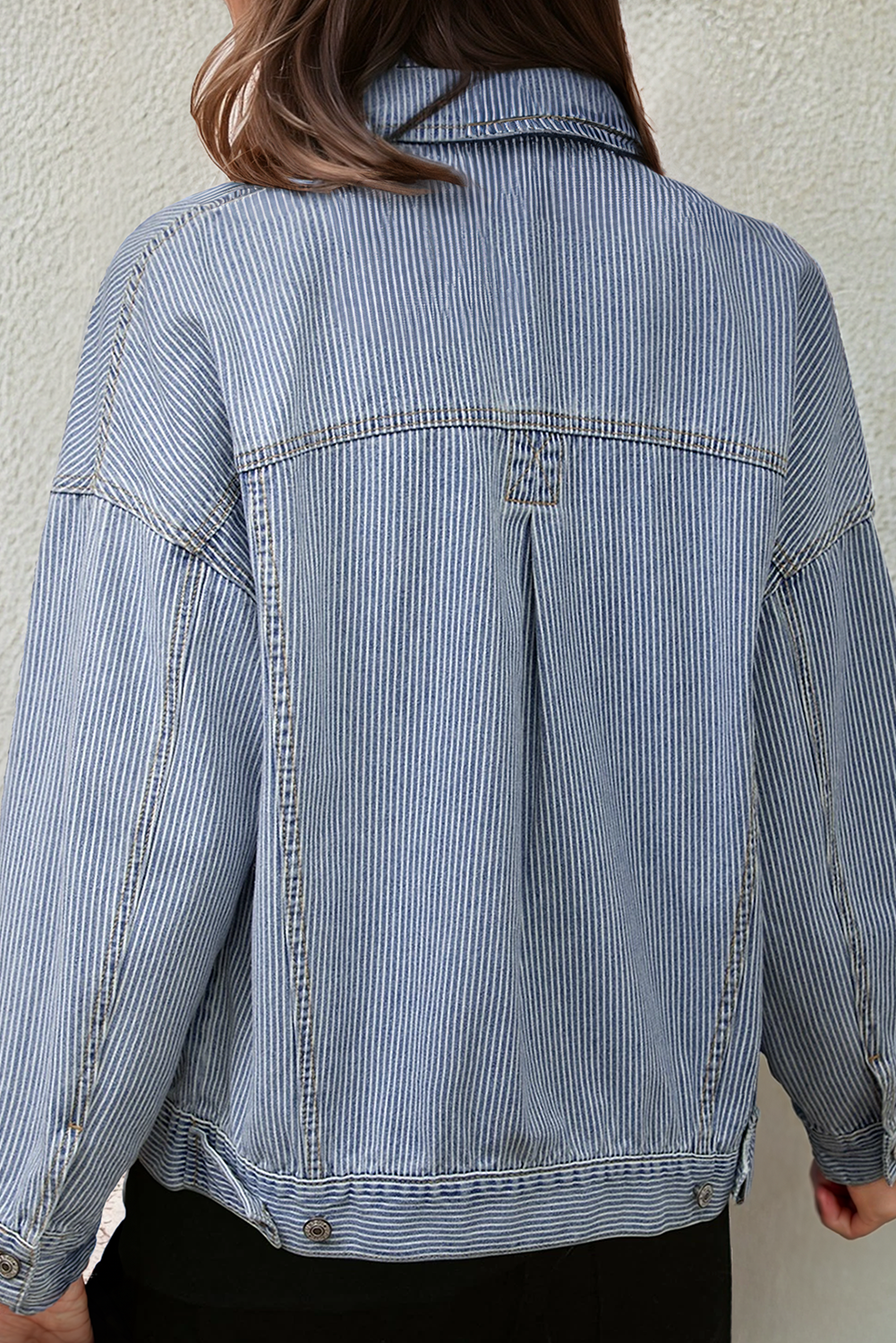 Stripe Washed Oversized Pocketed Denim Jacket