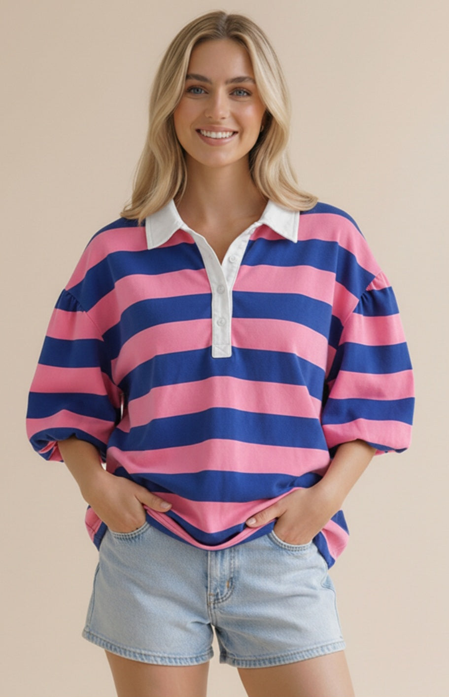 Bubble Sleeve Striped Top