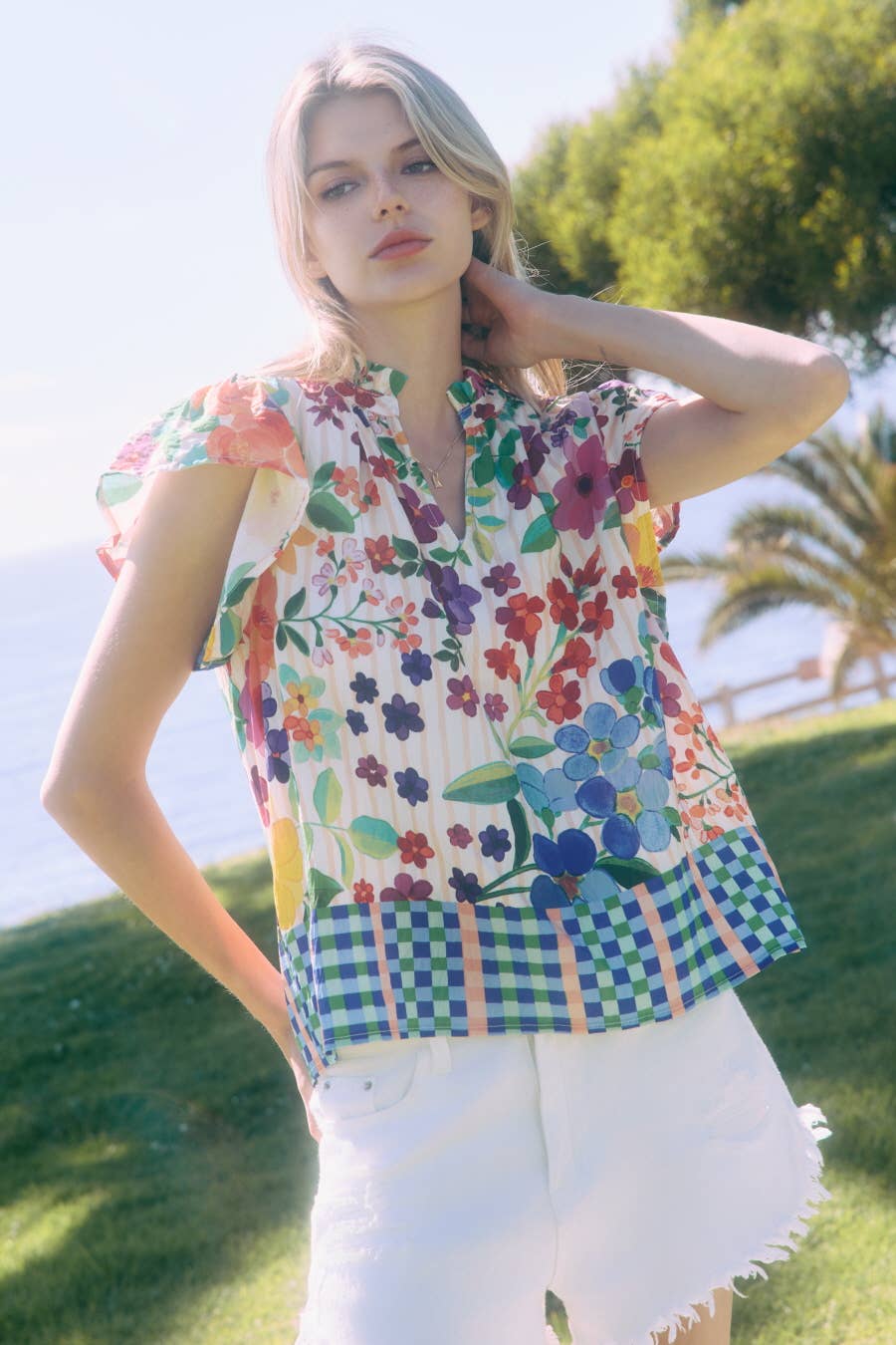 Floral Border Printed Flutter Sleeve Blouse by Oddi