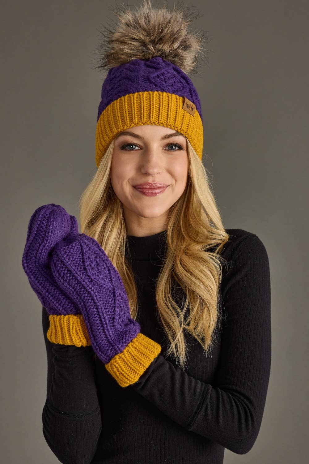 Purple & Gold Trim Cable Knit Pom Hat