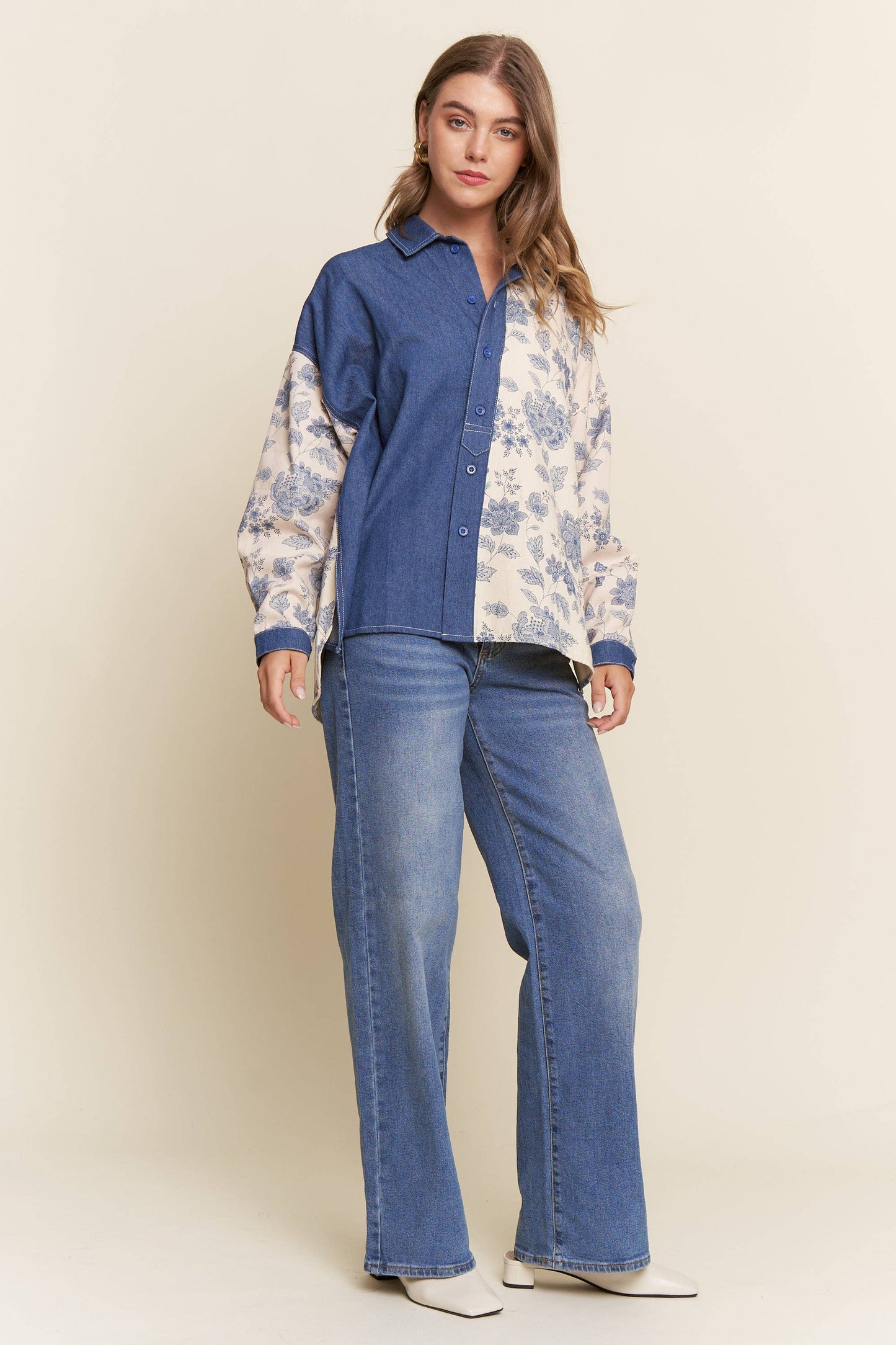 Denim Floral Print Color Block Button Up Top