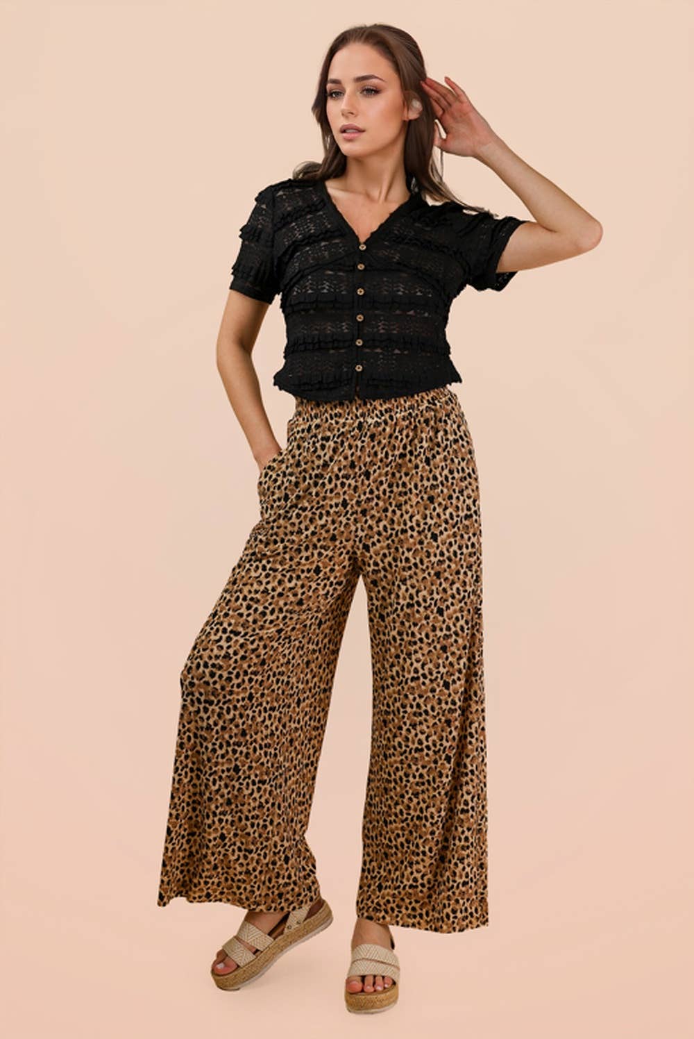 Wide Leg Leopard Pleated Comfy Pants