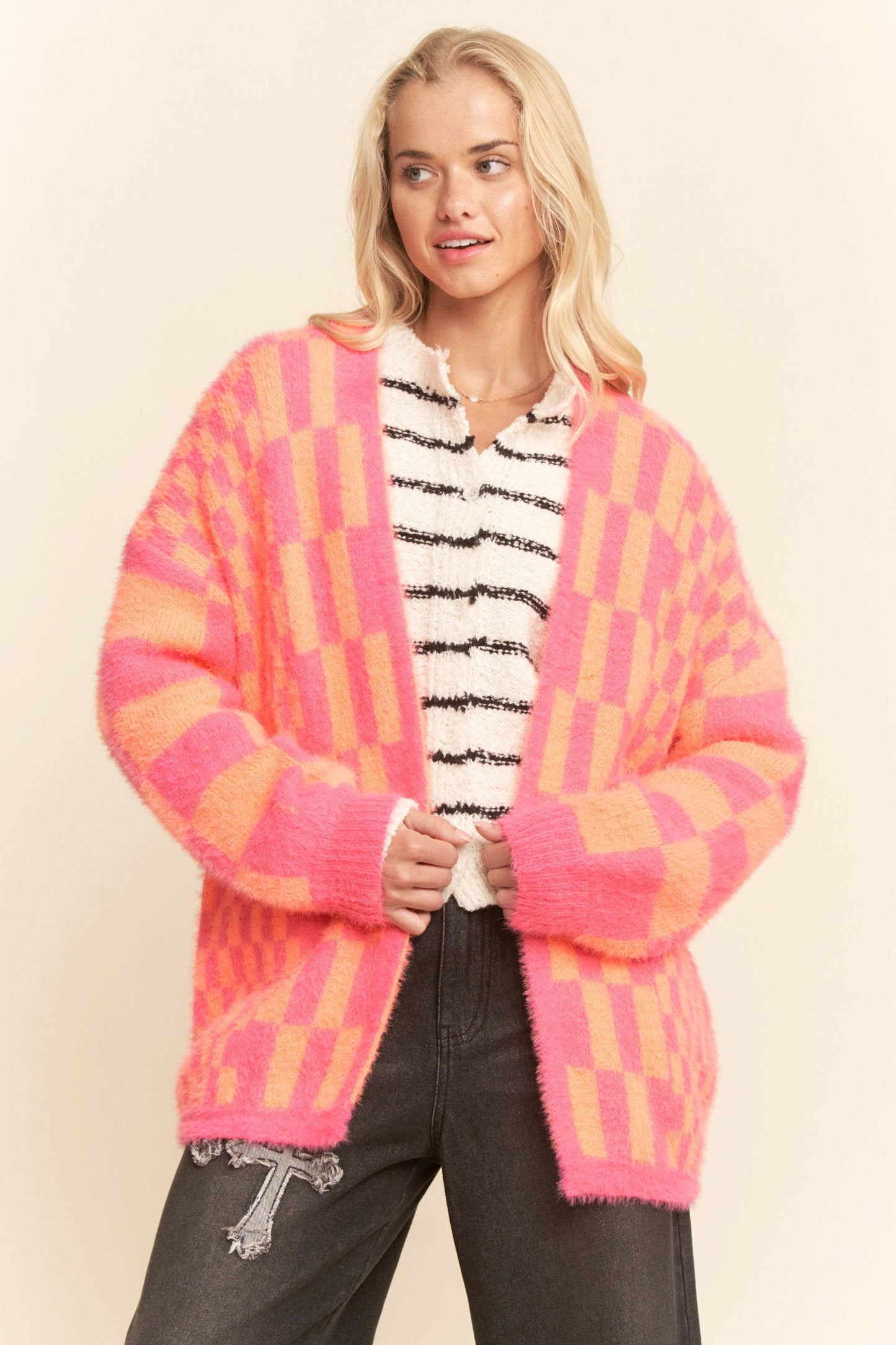 Pink and Orange Checkered Cardigan