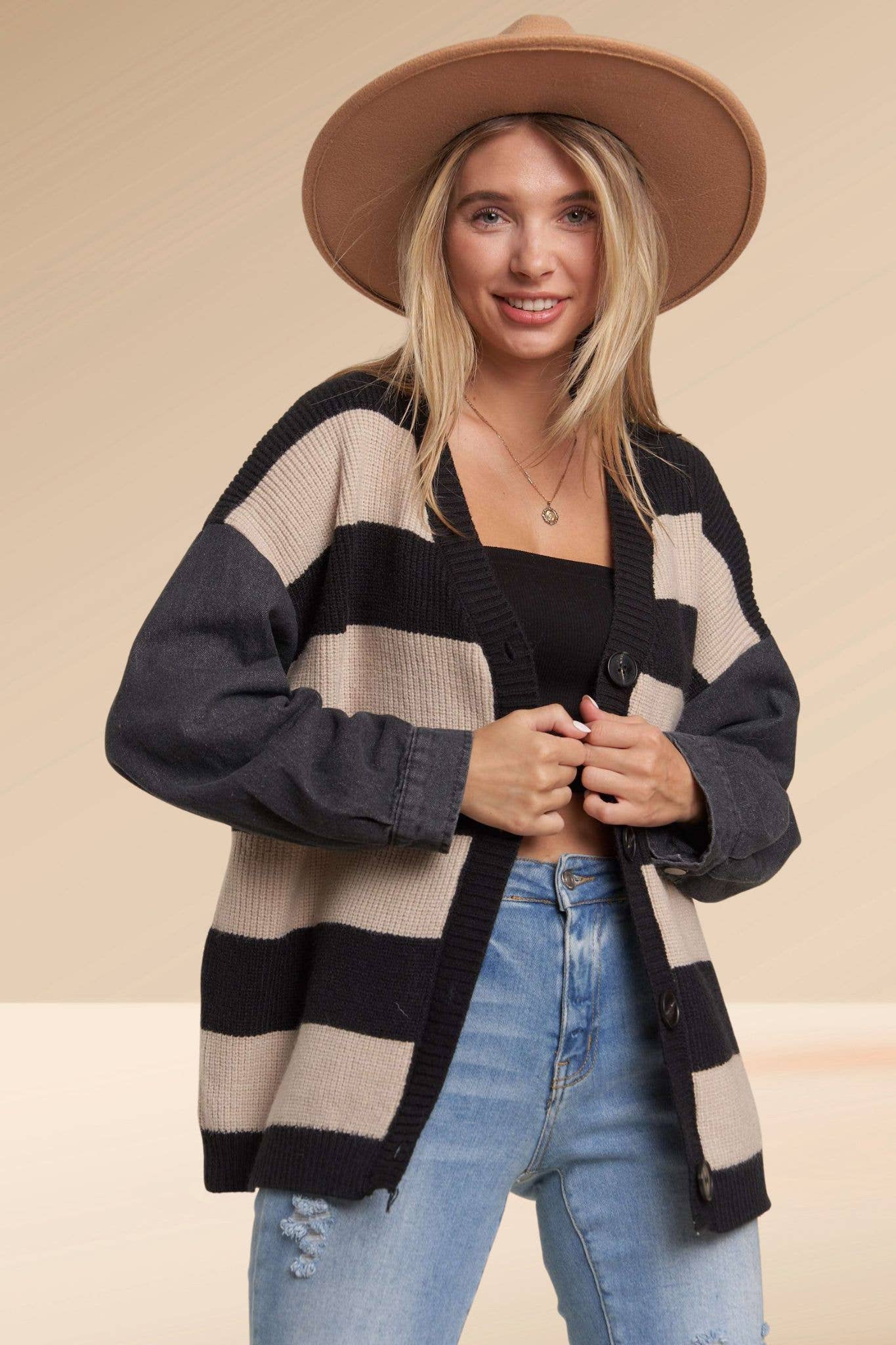 Striped Denim Sleeve Cardigan