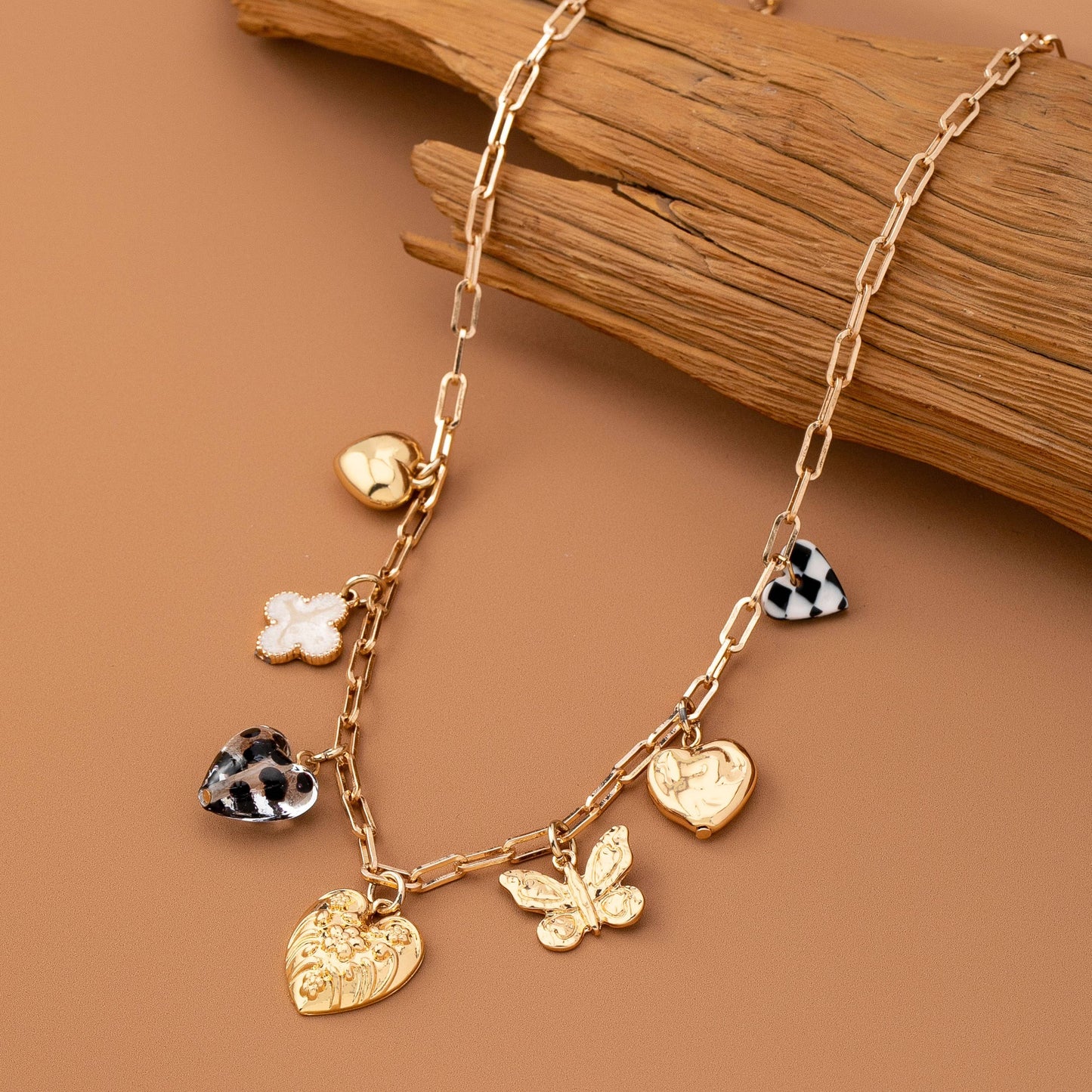 Rhinestone and Checkered Heart Charm Necklace
