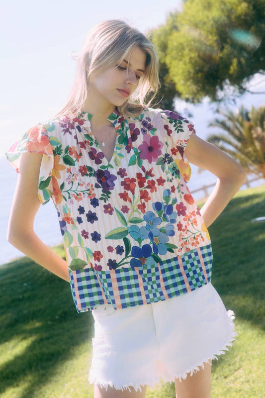 Floral Border Printed Flutter Sleeve Blouse