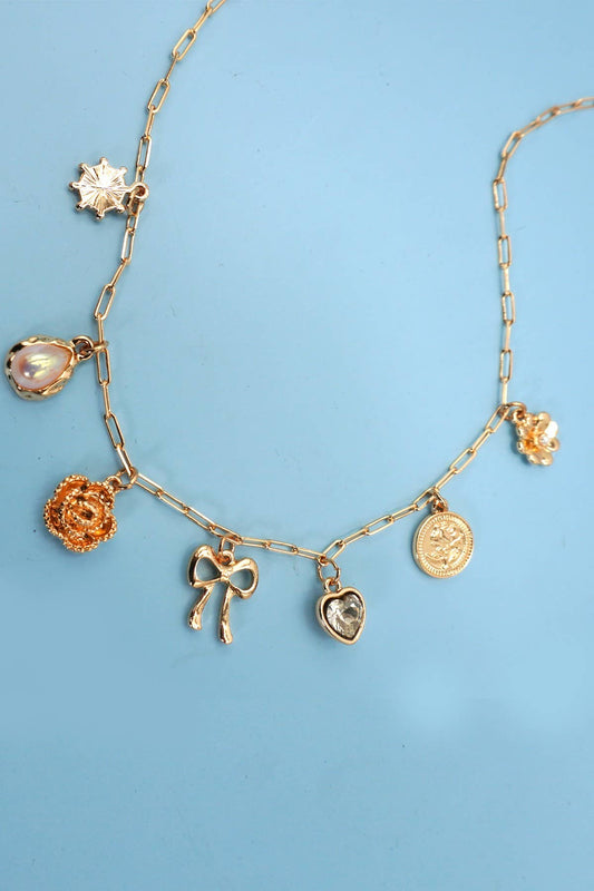 Bow Heart Flower Charm Necklace