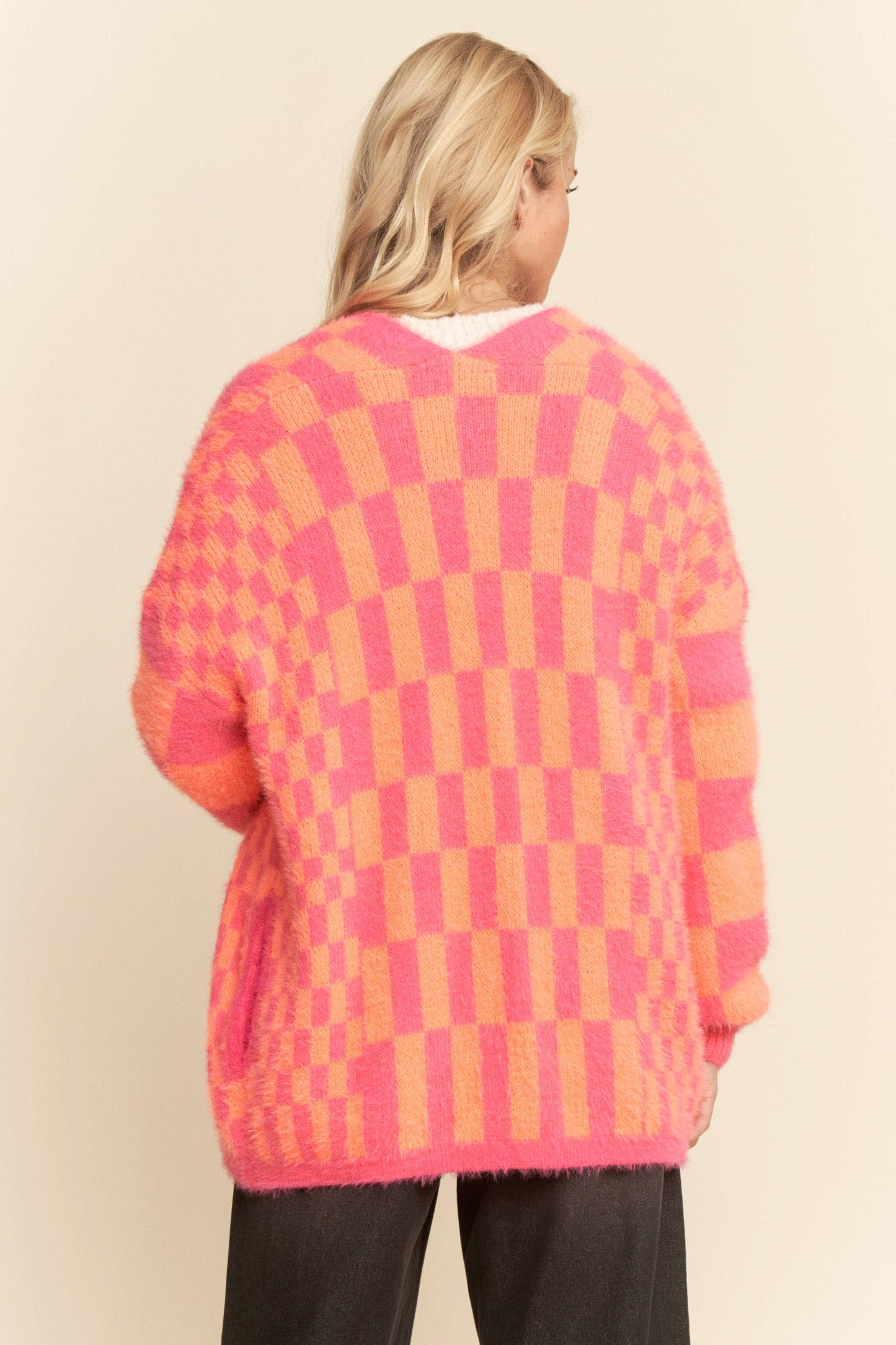 Pink and Orange Checkered Cardigan