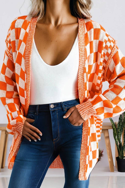 Checkered Open Front Drop Shoulder Cardigan