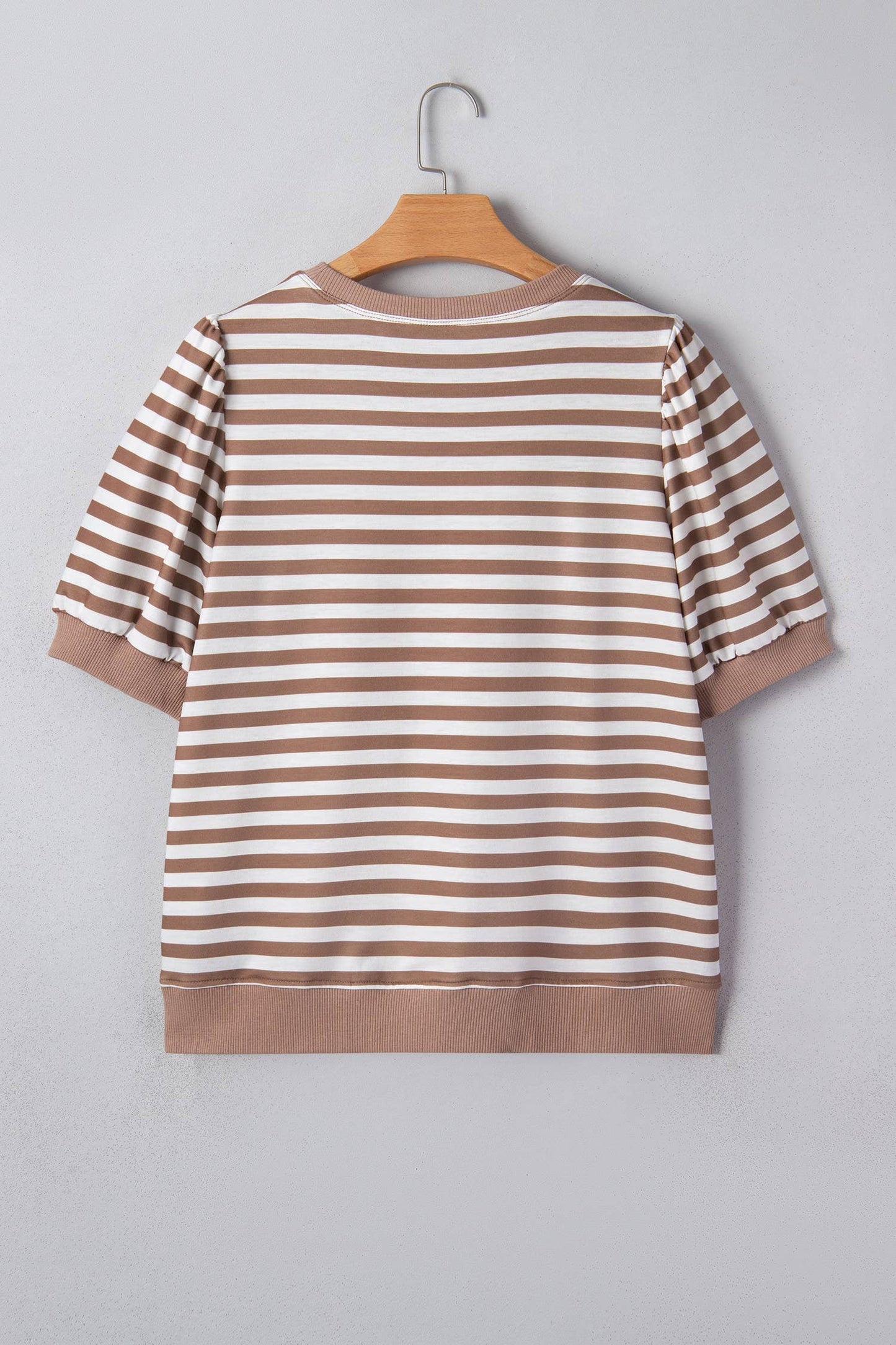 Brown Striped Short Bubble Sleeve Top with Banded Bottom