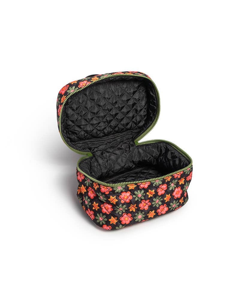 Cosmetic Travel Case / Makeup Bag - Flower Print - Black