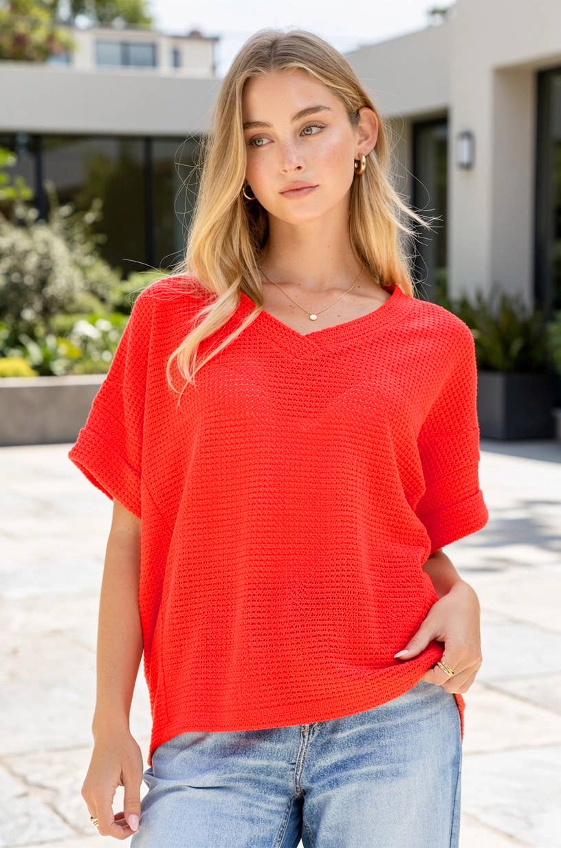 V-Neck Lightweight Sweater Crochet Knit Poncho Top